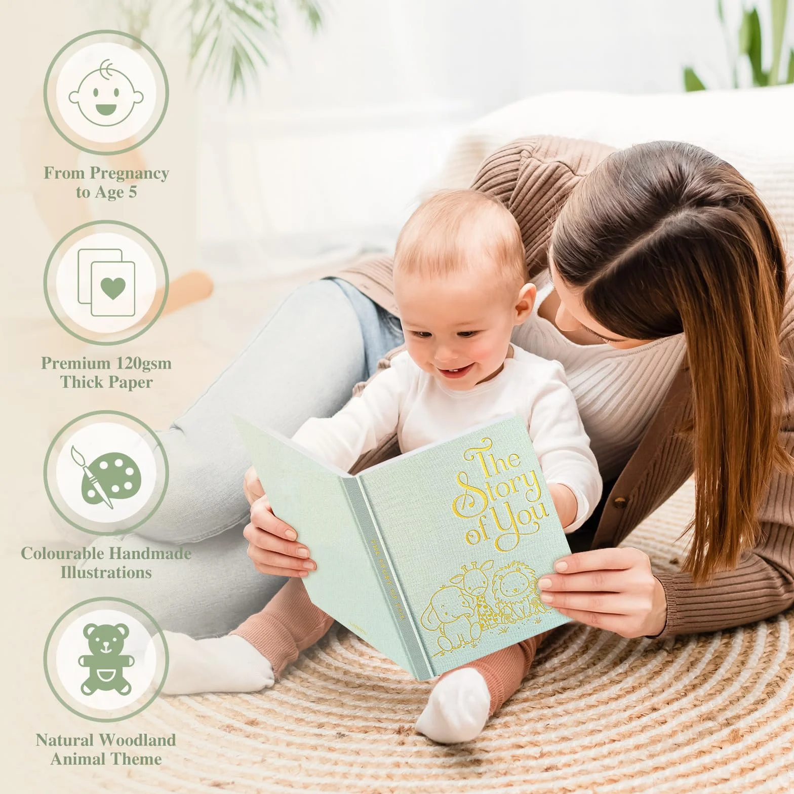 Lanpn Album fotograficzny dla dziecka Pierwszy 5 Rok dla chłopca dziewczynki, The Story of Your Baby Memory Book, Pamiętnik dla dzieci, Dziennik dla noworodków Prezent (154 strony, angielski, zielony)