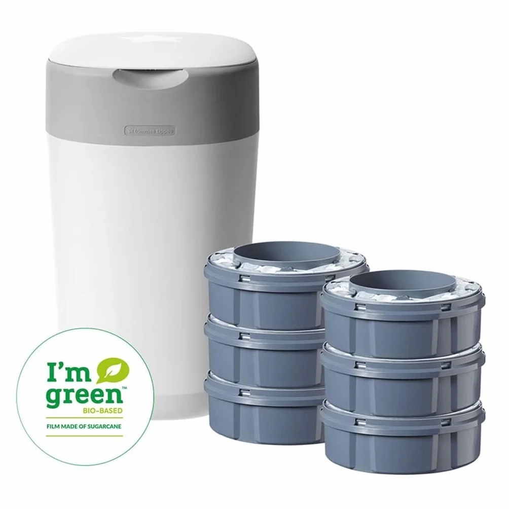 Tommee Tippee Twist and Click Advanced Nappy Bin Starter Set, Eco-Friendlier System with 6x Refill Cassettes with Sustainably Sourced Antibacterial GREENFILM, White