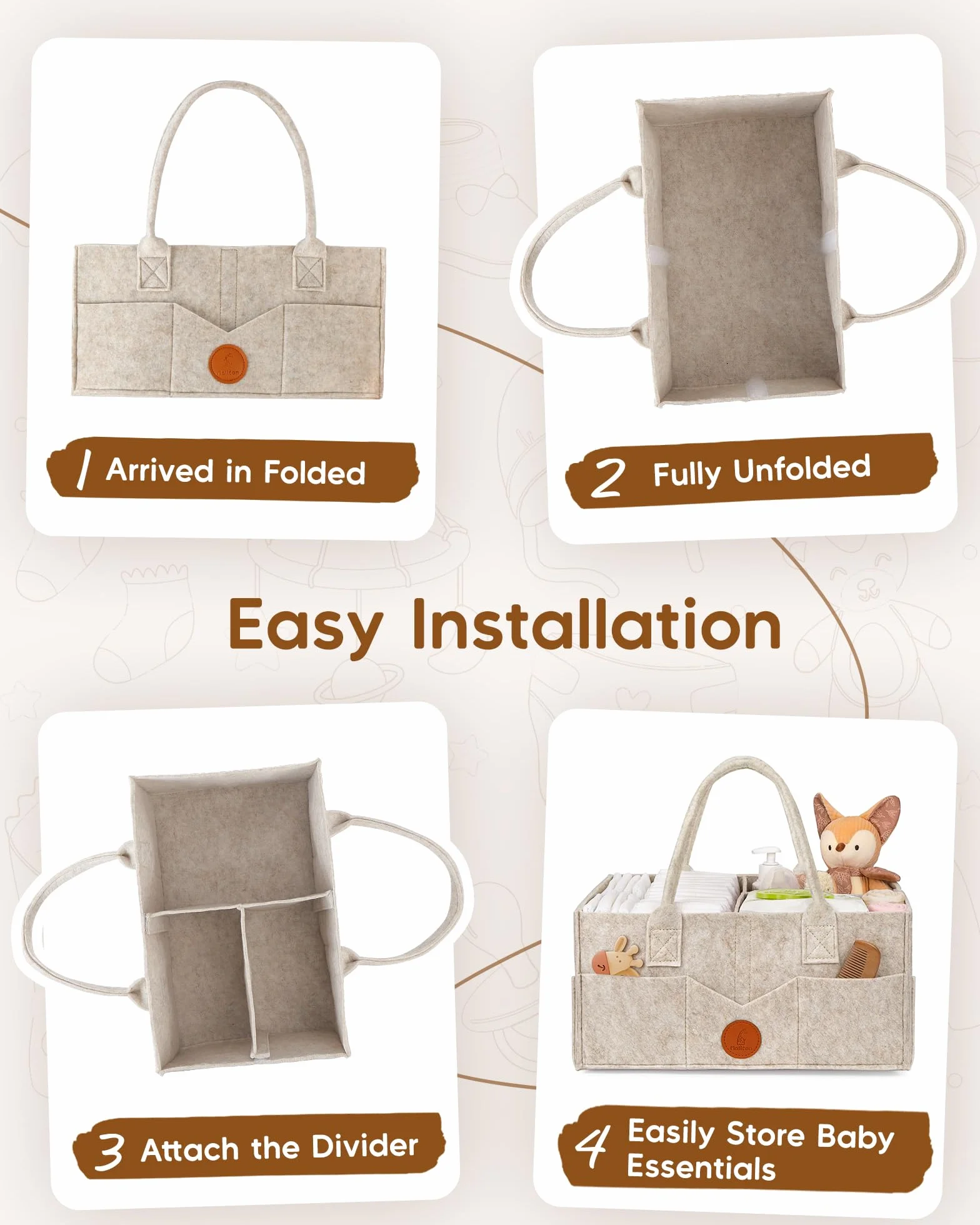 Maliton Organizer do przewijaka, Organizer do pieluch dla niemowląt Caddy Newborn Essentials, wytrzymała, przenośna torba filcowa, kosz do przechowywania dla niemowląt z wyjmowanymi przegródkami