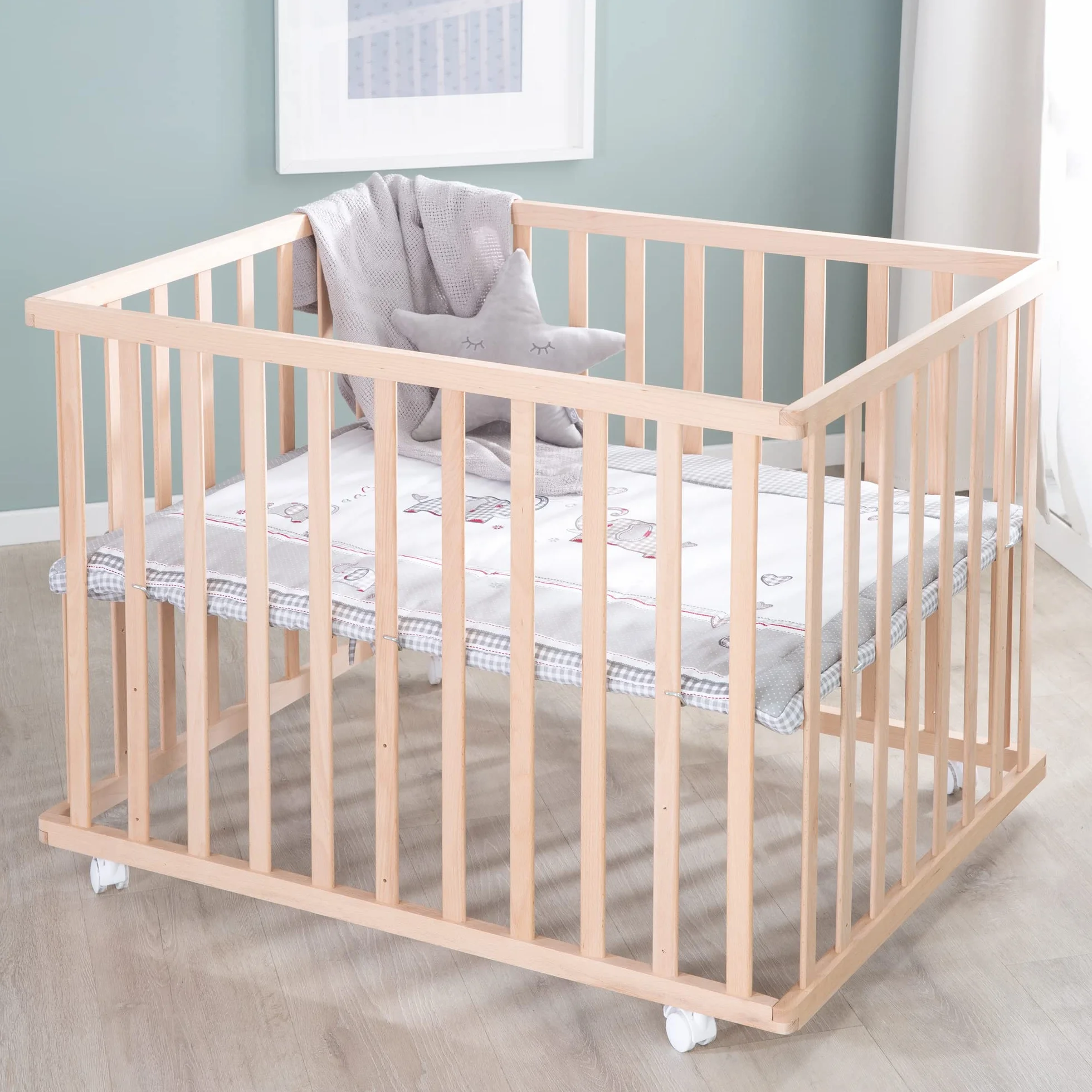 roba Kojec drewniany 75 x 100 cm Jumbo Twins z wkładem i kółkami z hamulcami szary