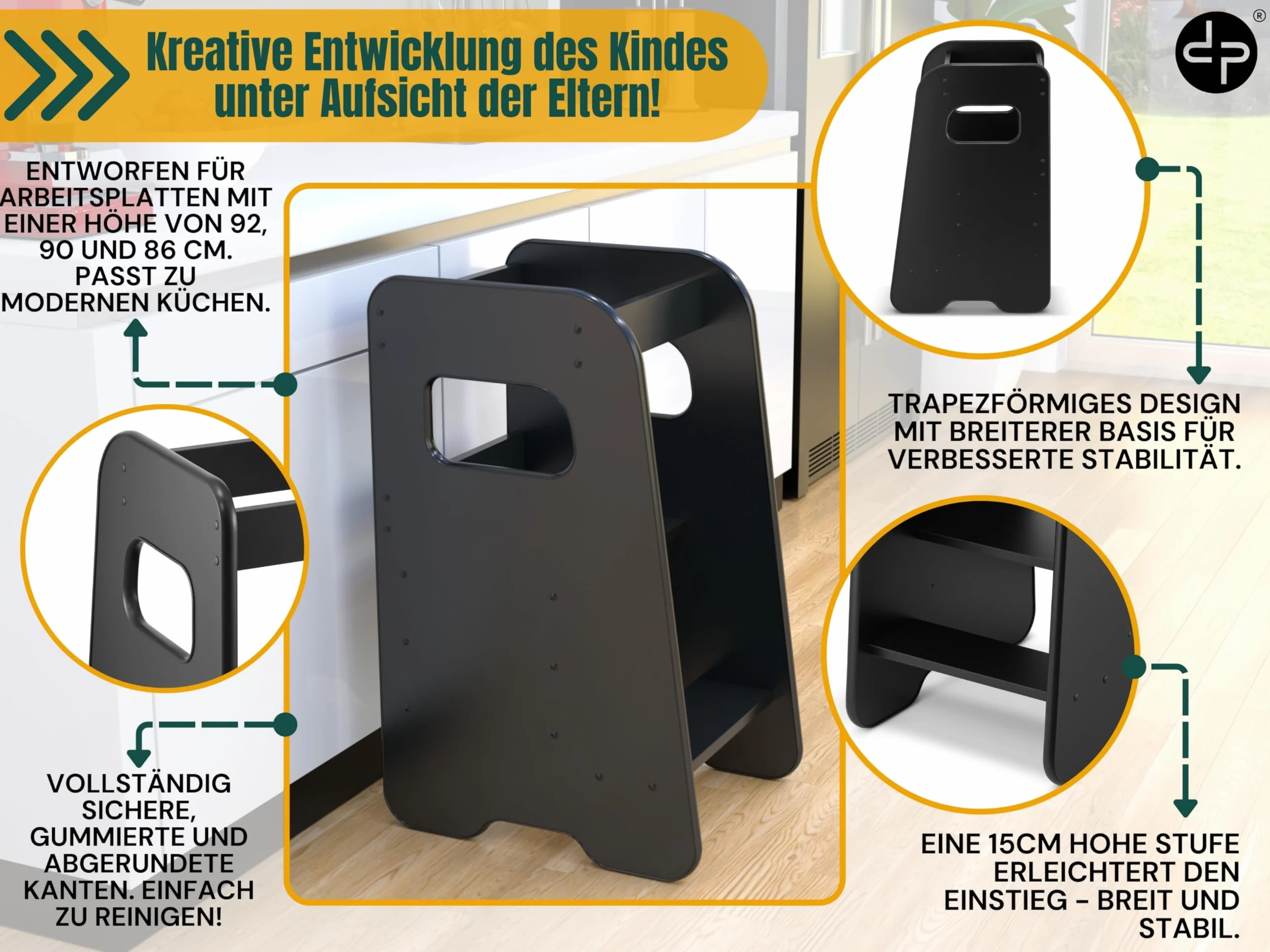 defiPad KH_80_50_B wieża edukacyjna dla dzieci stylowa ochrona przed przewróceniem wieża do nauki z regulacją wysokości najwyższe bezpieczeństwo wieża do nauki od 1 roku mały pomocnik czarny 80 x 50 x