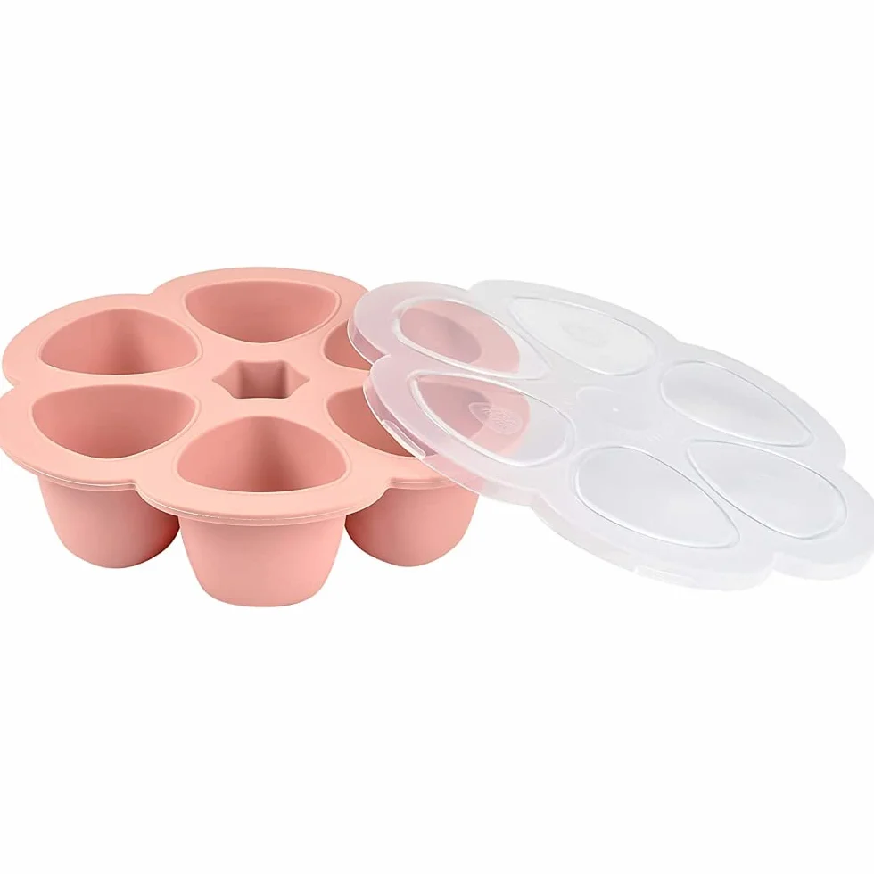BÉABA - Pojemnik do przechowywania z silikonu w jakości premium – bardzo odporny na temperaturę – piekarnik i kuchenka mikrofalowa – 6 przegródek – hermetyczna pokrywka – 6 x 90 ml – różowy