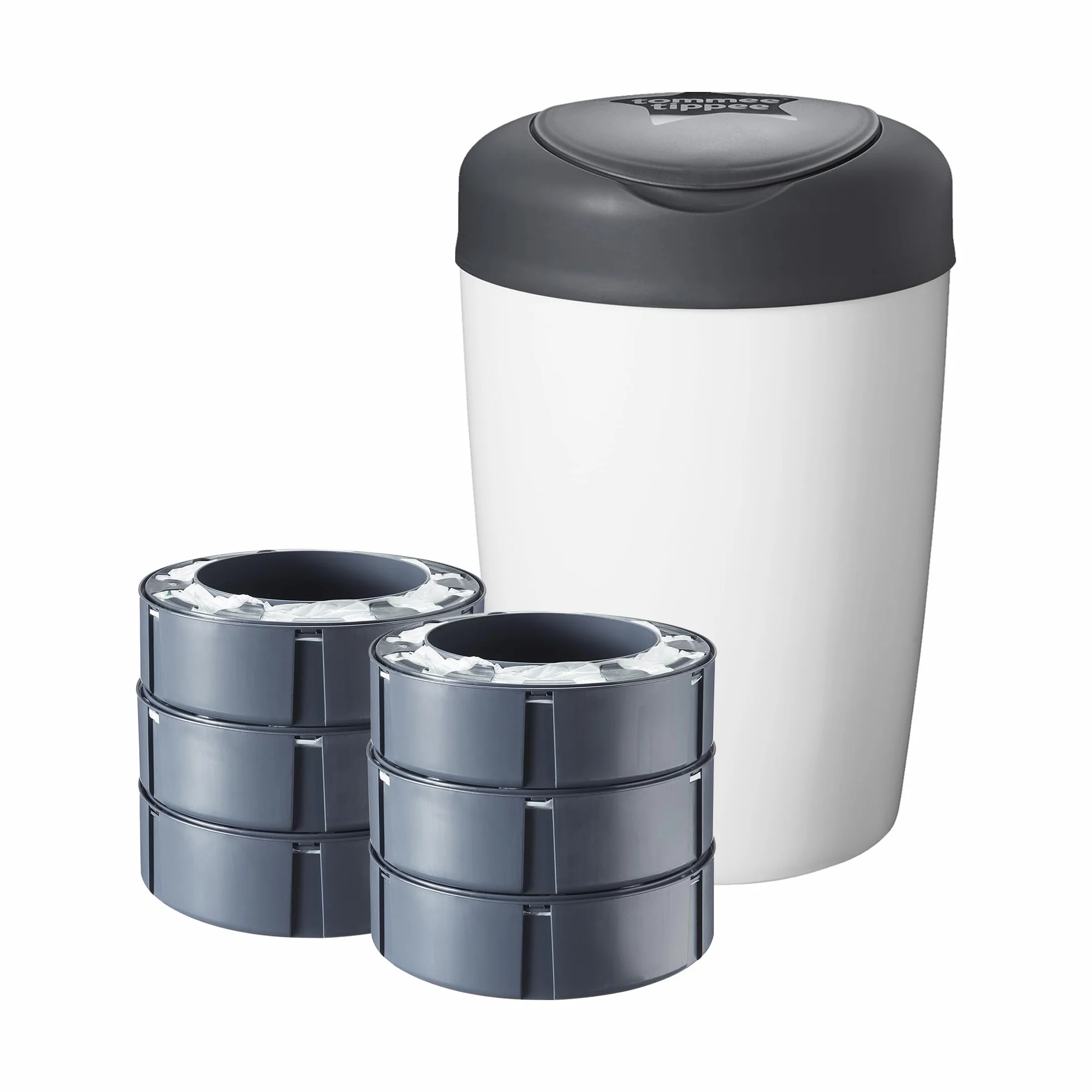 Tommee Tippee Simplee Sangenic, kosz na pieluchy, w zestawie 6 wkładów uzupełniających, biały i szary