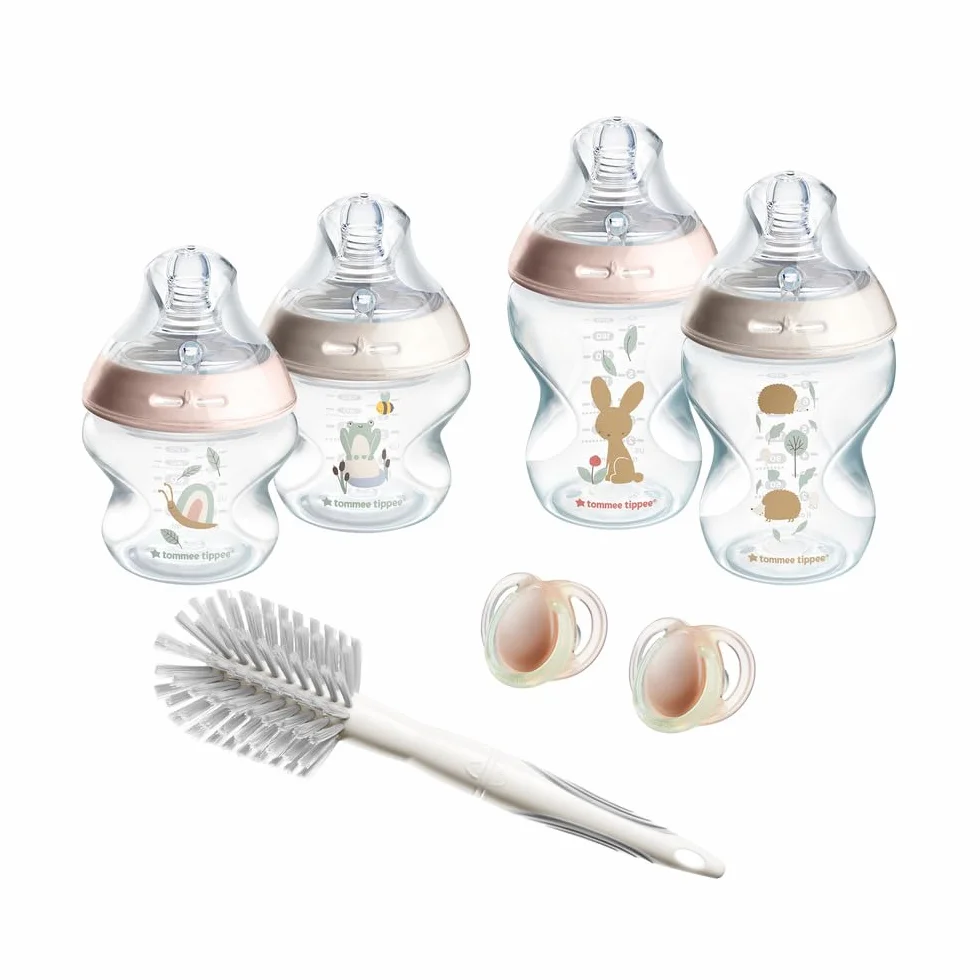 Tommee Tippee Closer to Nature, Zestaw startowy dla niemowląt z butelkami, smoczkami w kształcie sutka z zaworem antykolkowym, różne rozmiary, fioletowy