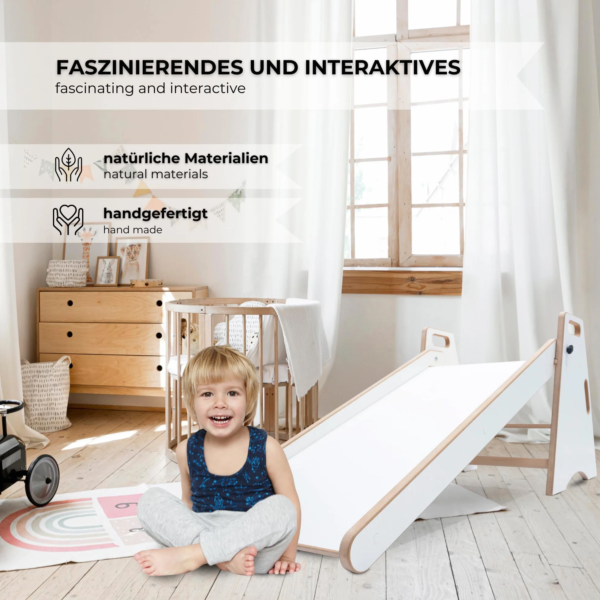 MAMOI Zjeżdżalnia dziecięca 2 w 1 - drewniana zjeżdżalnia i taboret ze schodkami