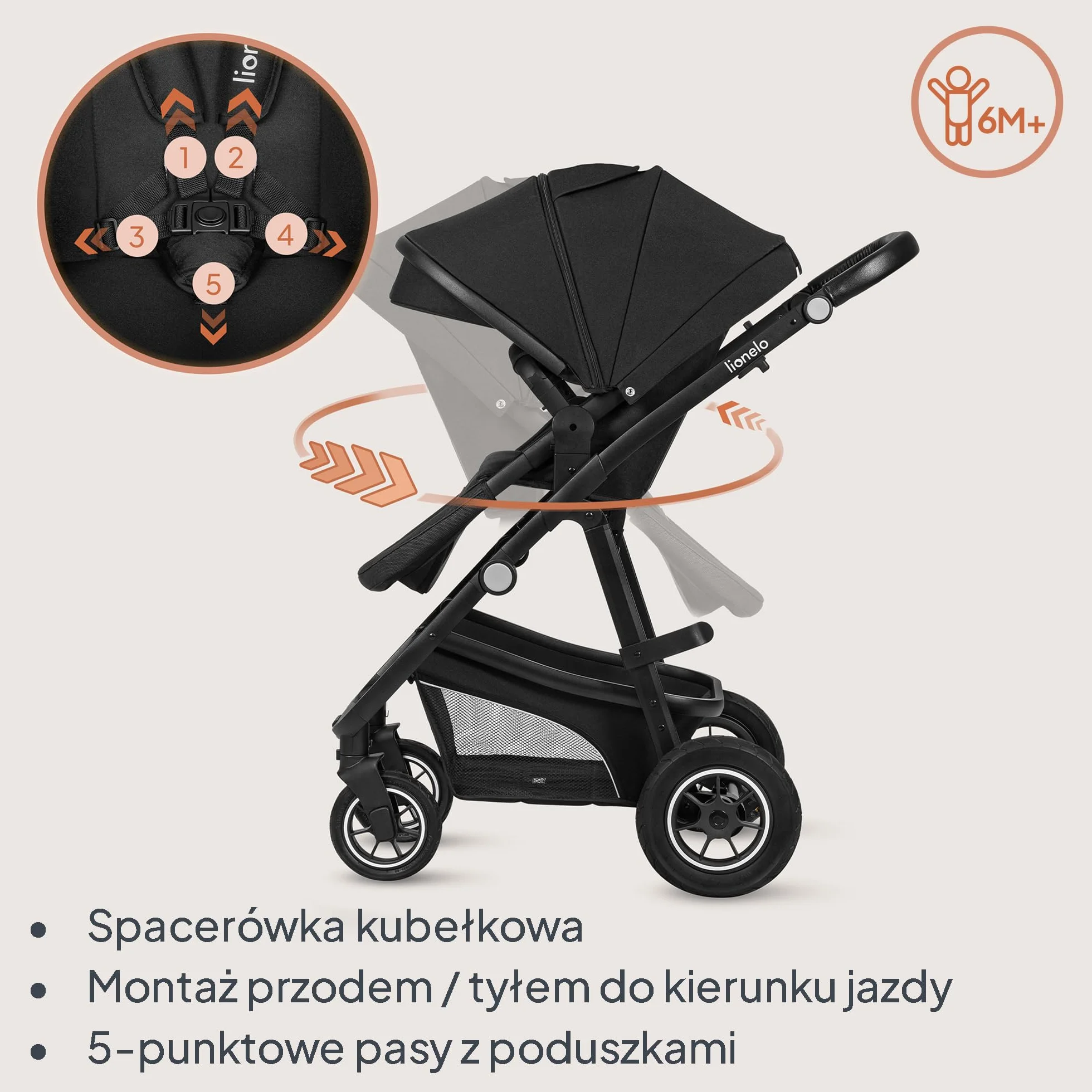 LIONELO BIANKA Wózek Spacerowy Dziecięcy 3 w 1 do 22 kg Gondola Fotelik Samochodowy do 13 kg, Składany, System Podróżny Regulacja Oparcia Koła 360o Amortyzacja, Daszek XXL (Czarny)