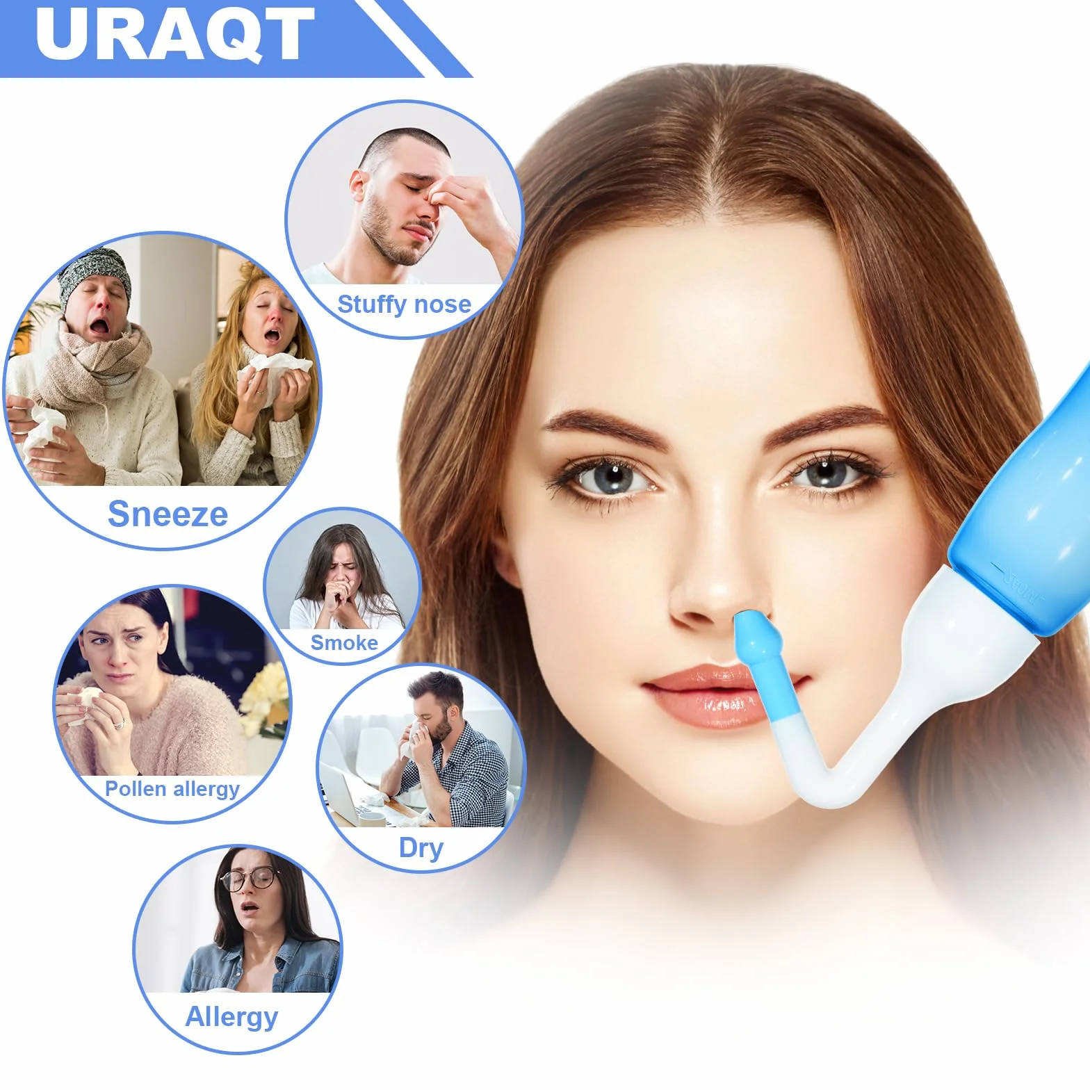 URAQT Neti Pot, zestaw do płukać nosa, butelka zatoka 240 ml z 40 pakietami soli, dla dorosłych i dzieci, ulga w zatokach