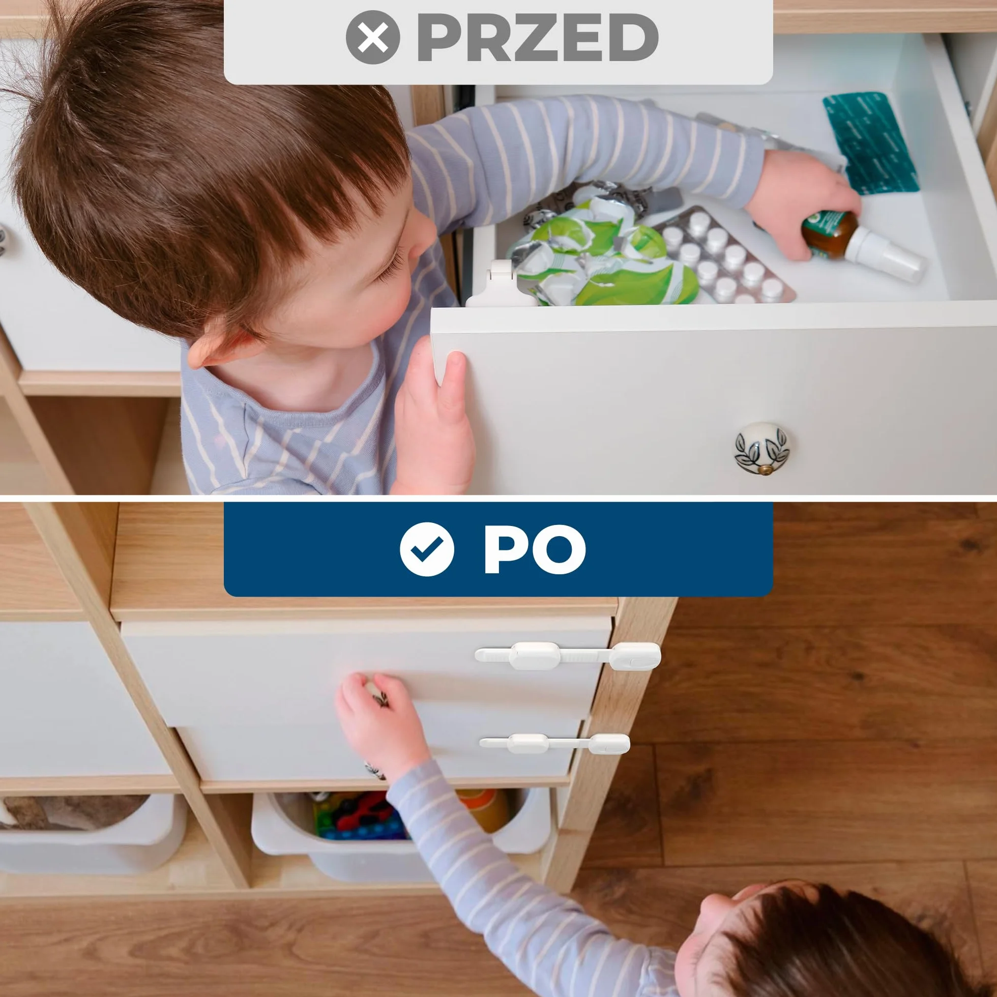 Hoffenbach Zabezpieczenie szafki i szuflad, 8 x zabezpieczenie szafki do przyklejenia dla niemowląt i dzieci, zabezpieczenie szuflady, zamek do szafy, bez wiercenia