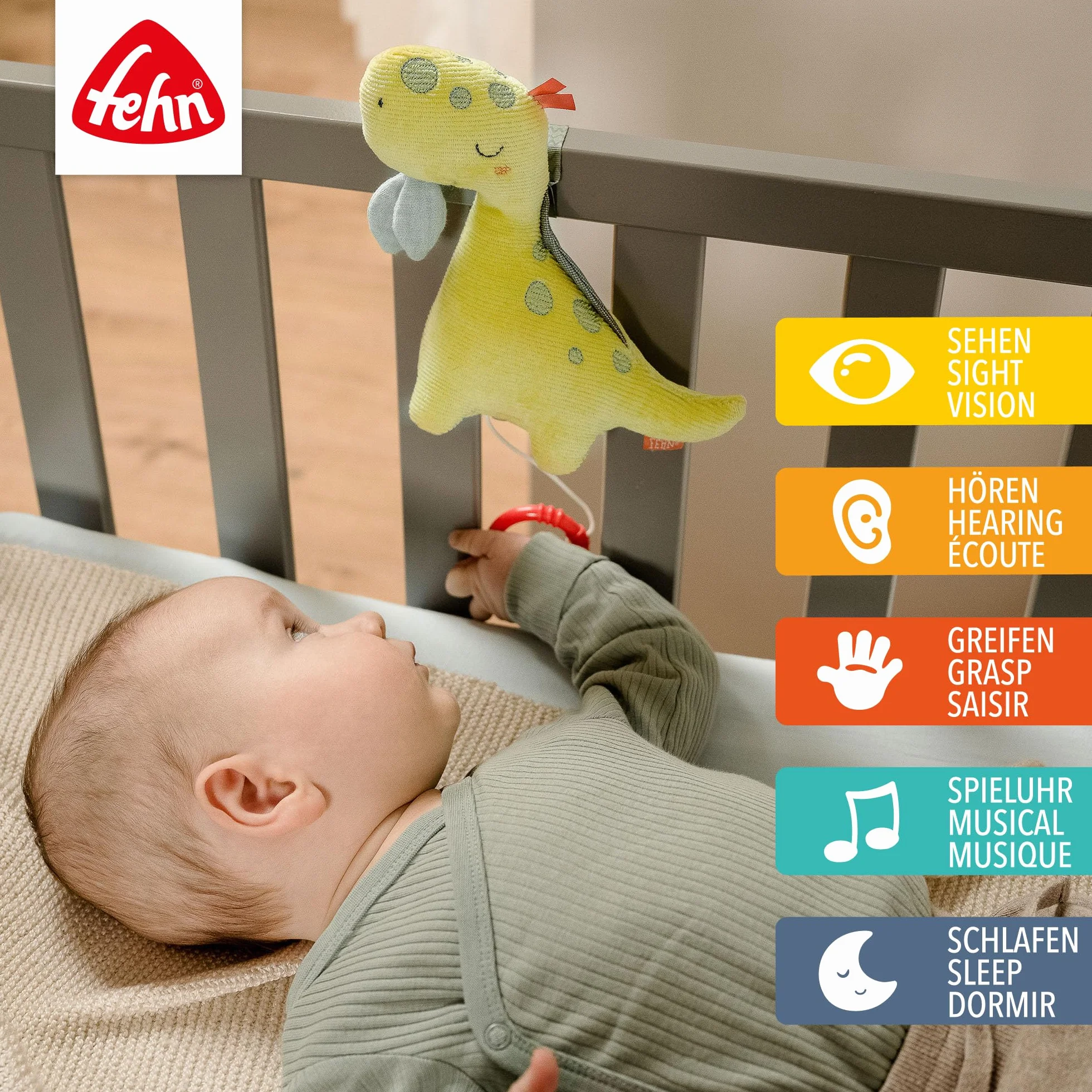 Fehn Mini-Spieluhr Dino – Kuscheltier & Einschlafhilfe mit Mozarts Wiegenlied für Babys & Kleinkinder