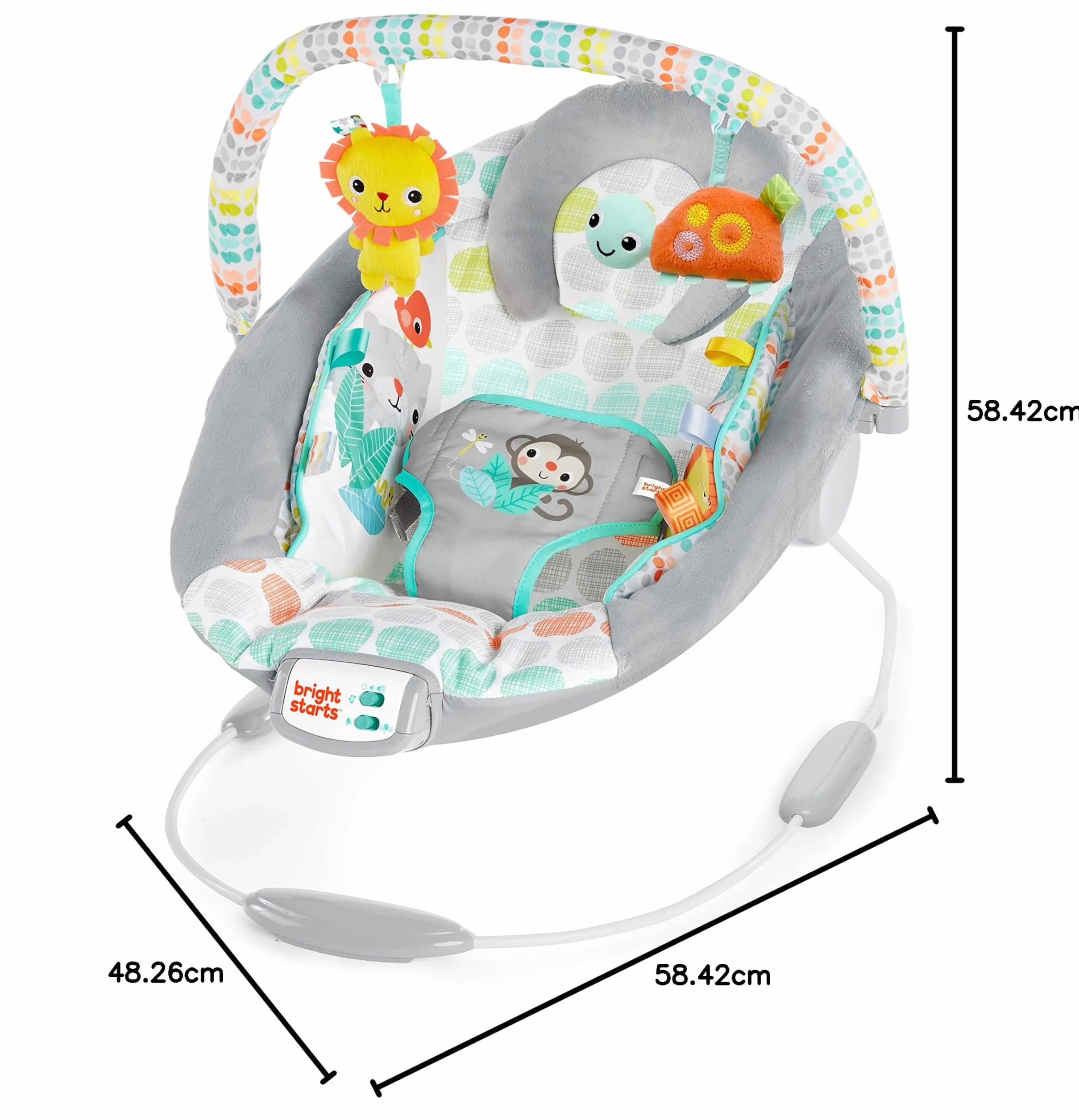 Bright Starts Wygodne siedzisko dla niemowląt, kojące wibracje, muzyka, zdejmowany, 0-6 miesięcy do 9 kg (kapryśny dziki)