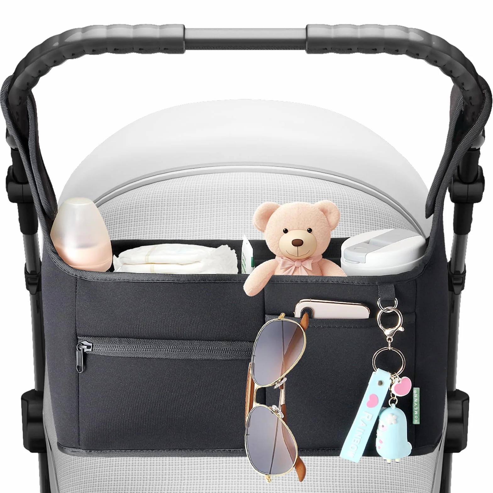 Homlynn Organizer do wózka dziecięcego, wielofunkcyjny wózek dziecięcy, torba do przechowywania wózków dziecięcych, kieszeń na telefon komórkowy, 2 uchwyty na kubki i pasek na ramię, organizer na