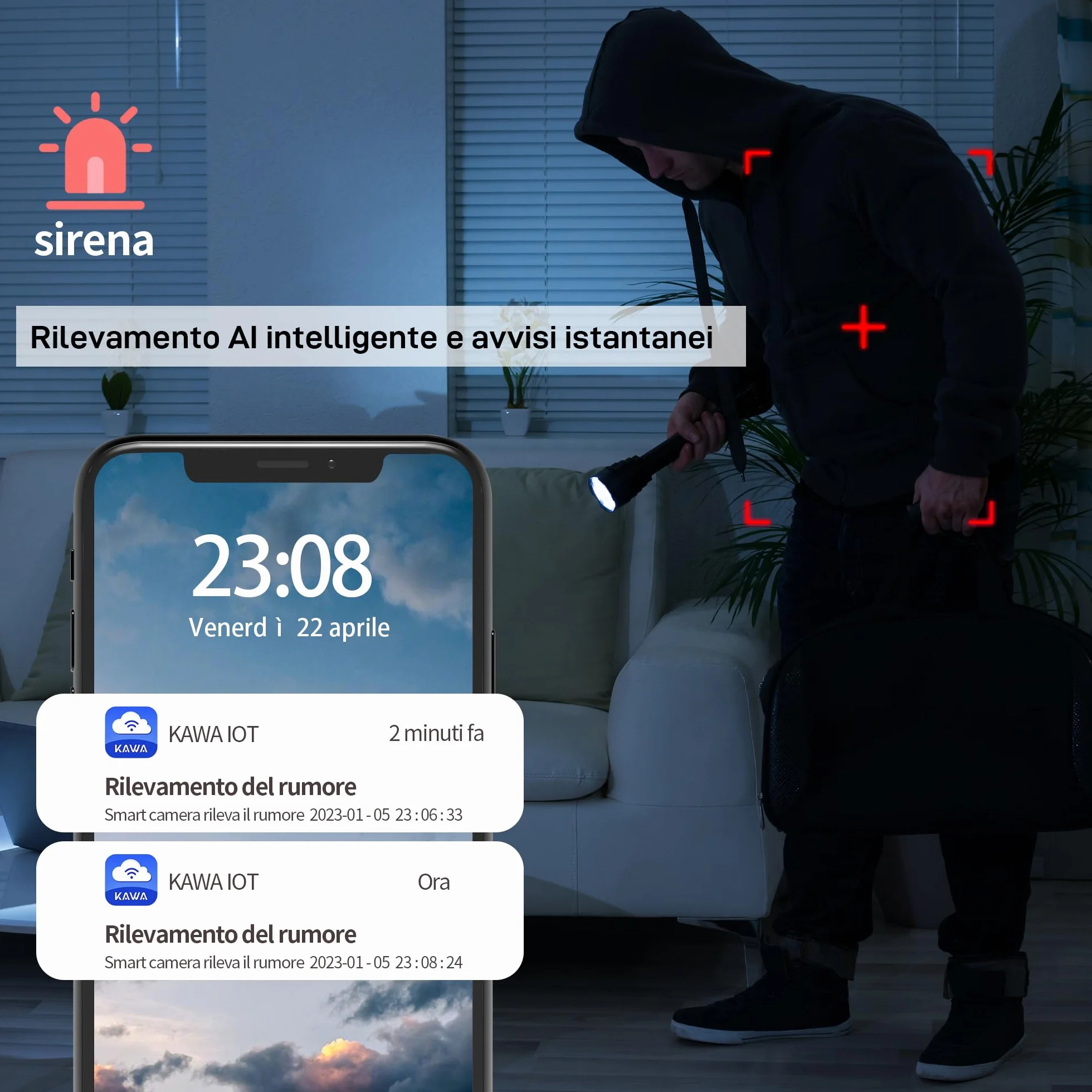 KAWA babyphone 2K WiFi 360° kamera IP z audio 2-drogowe, wykrywanie ruchu, chmura/karta TF