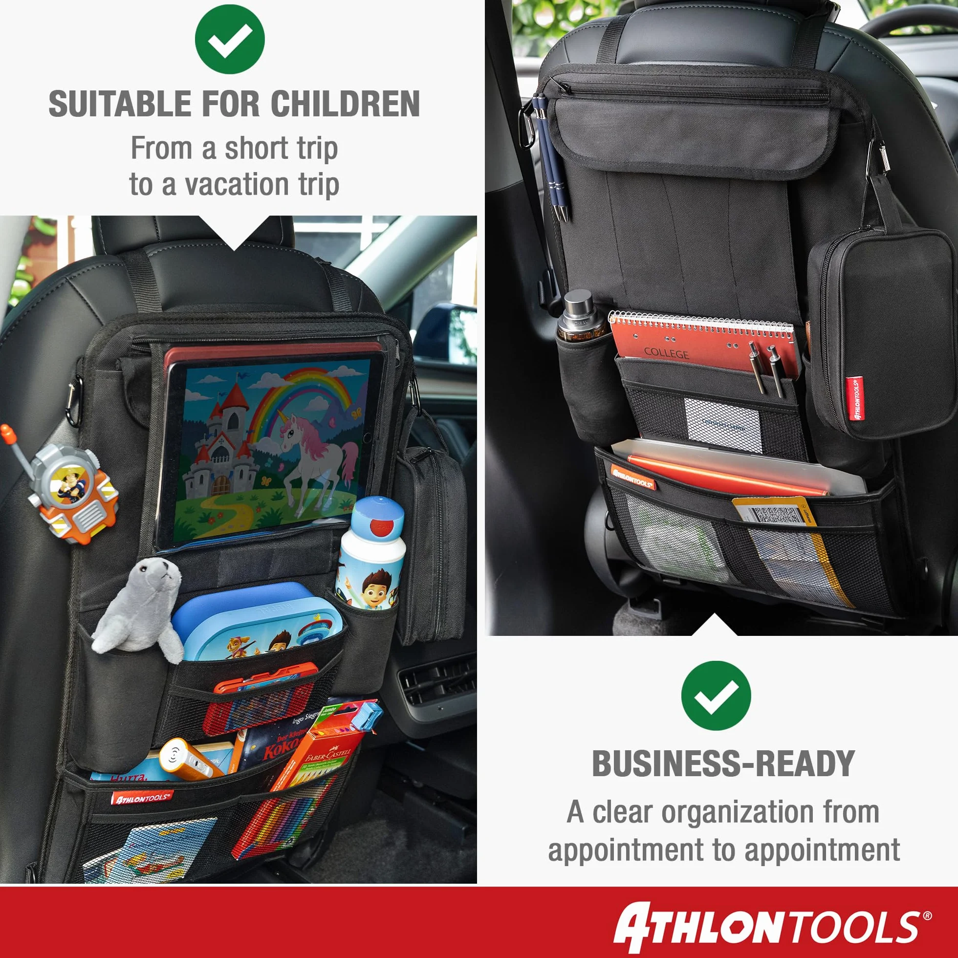 ATHLON TOOLS Najstabilniejszy organizer na fotel samochodowy z uchwytem na tablet, wzmocniony tył, bezpieczny dla żywności, z dodatkowym piórnikiem, biznesowy / dla dzieci, zaprojektowany w Hamburgu