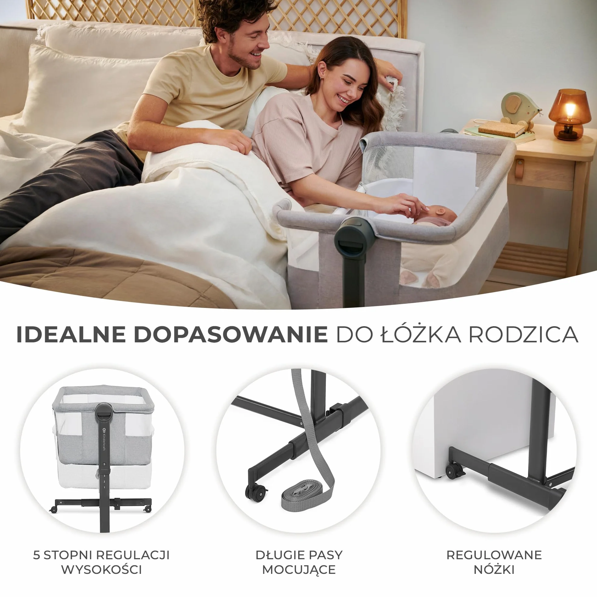 Kinderkraft NESTE UP2 Łóżeczko dostawne dziecięce, regulacja wysokości, materac, do 9 kg, Beżowy