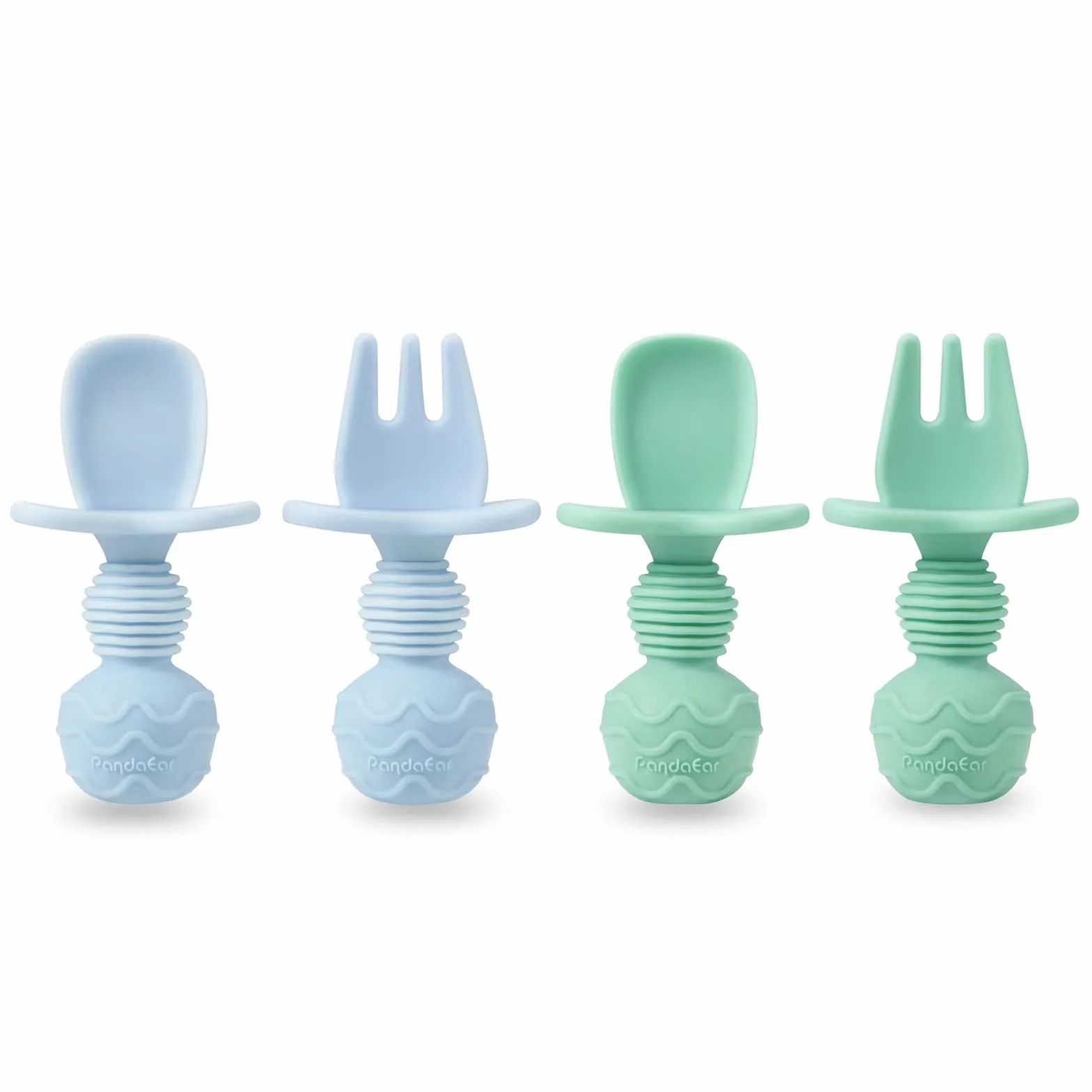 PandaEar 4 szt. silikonowych łyżek dla niemowląt i zestawu do karmienia widelca - Anti-Choke First Self Feeding naczynia dla niemowląt Led Weaning Ages 3 miesiące (Cyan+Blue)