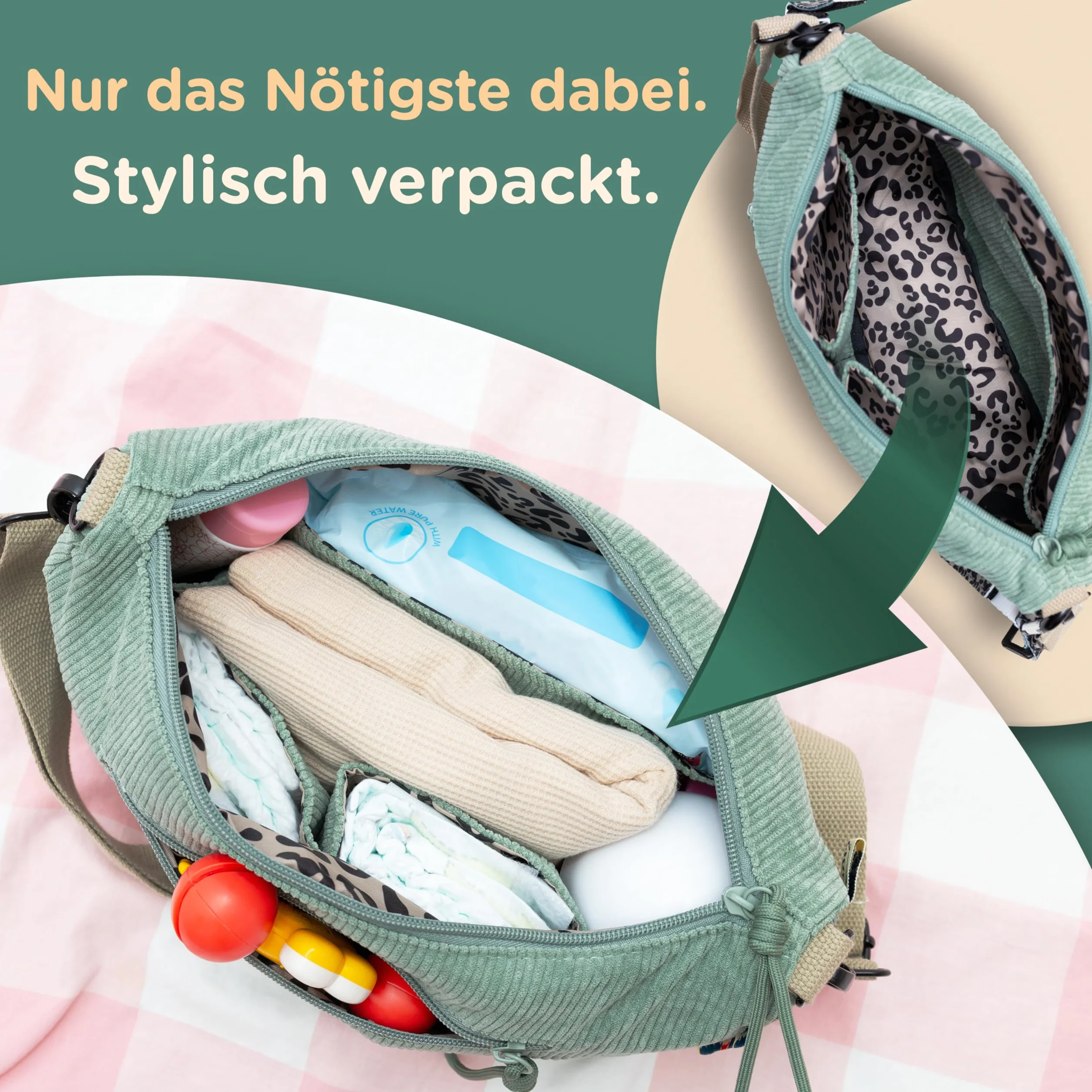 Jubi Torba do przewijania Moon Bag ze sztruksu miętowego – organizer do wózka dziecięcego z mocowaniem do wózka dziecięcego, torba crossbody dla kobiet, mała torba do przewijania z przegródkami i