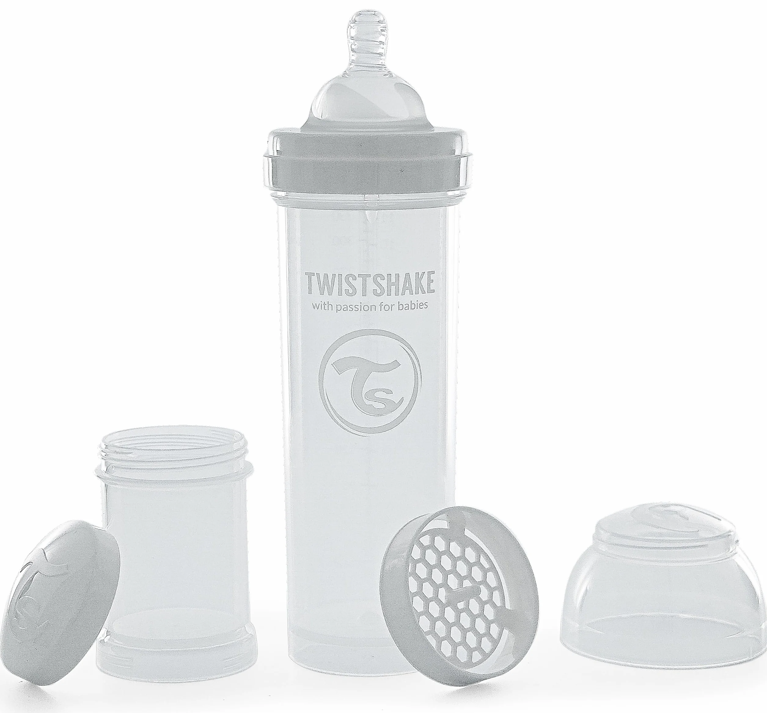 Twistshake Antykoliczna Butelka dla Niemowląt 330 ML, z Duży Przepływ Silikon Smoczki dla Dzieci 4+ Miesięcy, Dozownik Mleka w Proszku, Biały