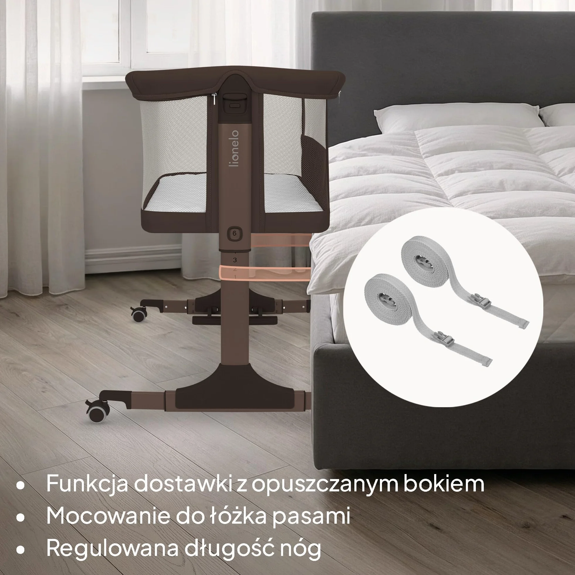 lionelo PARI łóżeczko nocne, łóżeczko dziecięce, 3 w 1, regulowane łóżeczko nocne, 6 poziomów, kołysanie, pochylany materac, siatka, zamykane kółka, torba podróżna