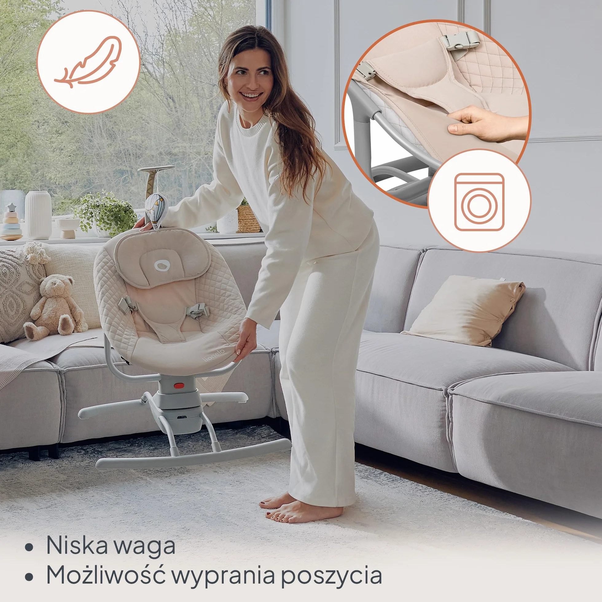 LIONELO RIO Elektryczny Bujaczek dla Niemowląt do 9 kg, Regulacja Oparcia, 3 Prędkości Bujania, Poduszka, Pasy Bezpieczeństwa, Melodie i Dźwięki Natury, Pałąk z Zabawką, Lekki 3,5 kg