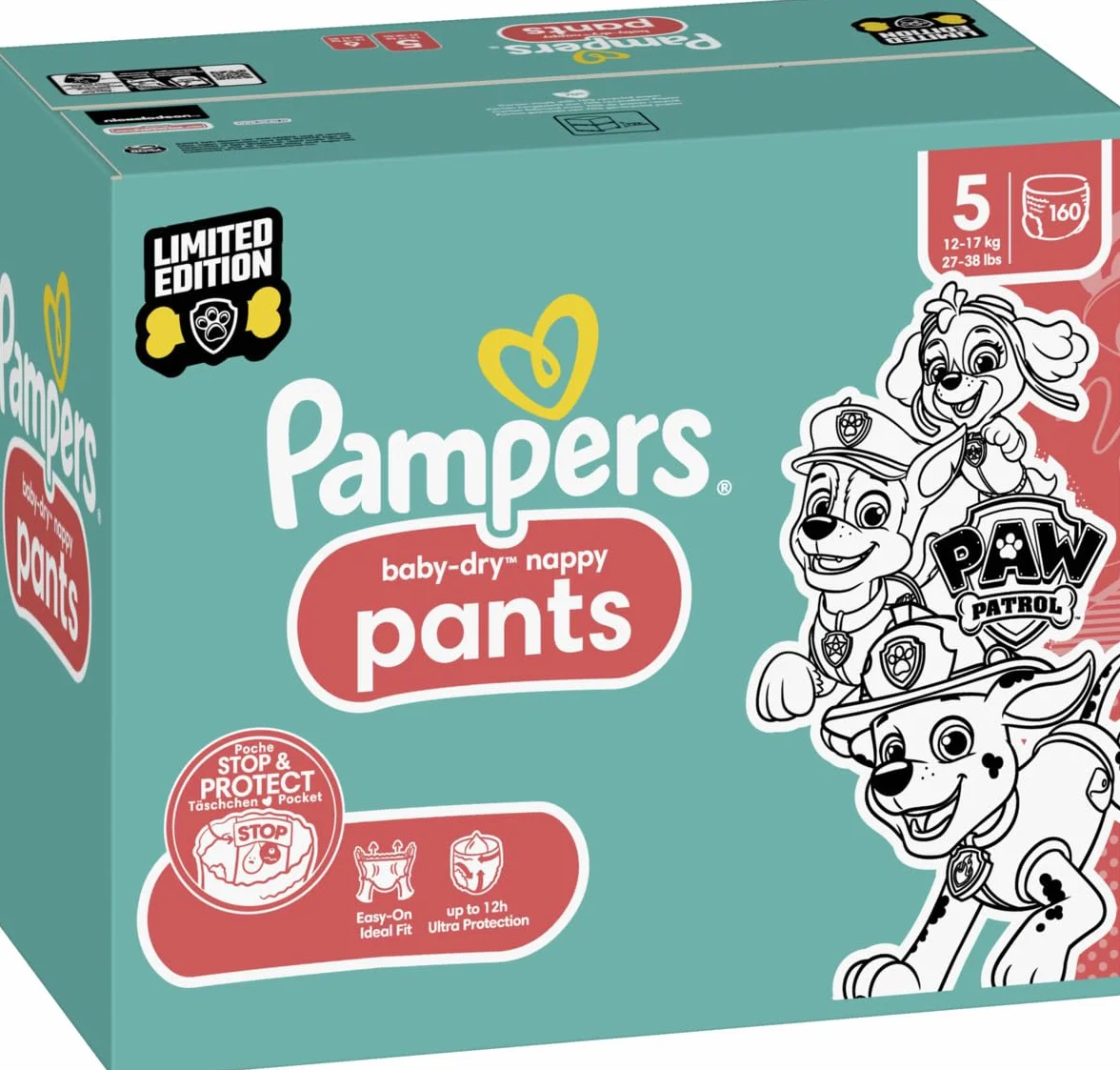 Pampers Pieluchy Psi Patrol Pants rozmiar 5 (12-17 kg) Baby-Dry, Junior z kieszonką zatrzymującą i ochronną, miesięczne pudełko, 160 pieluszek