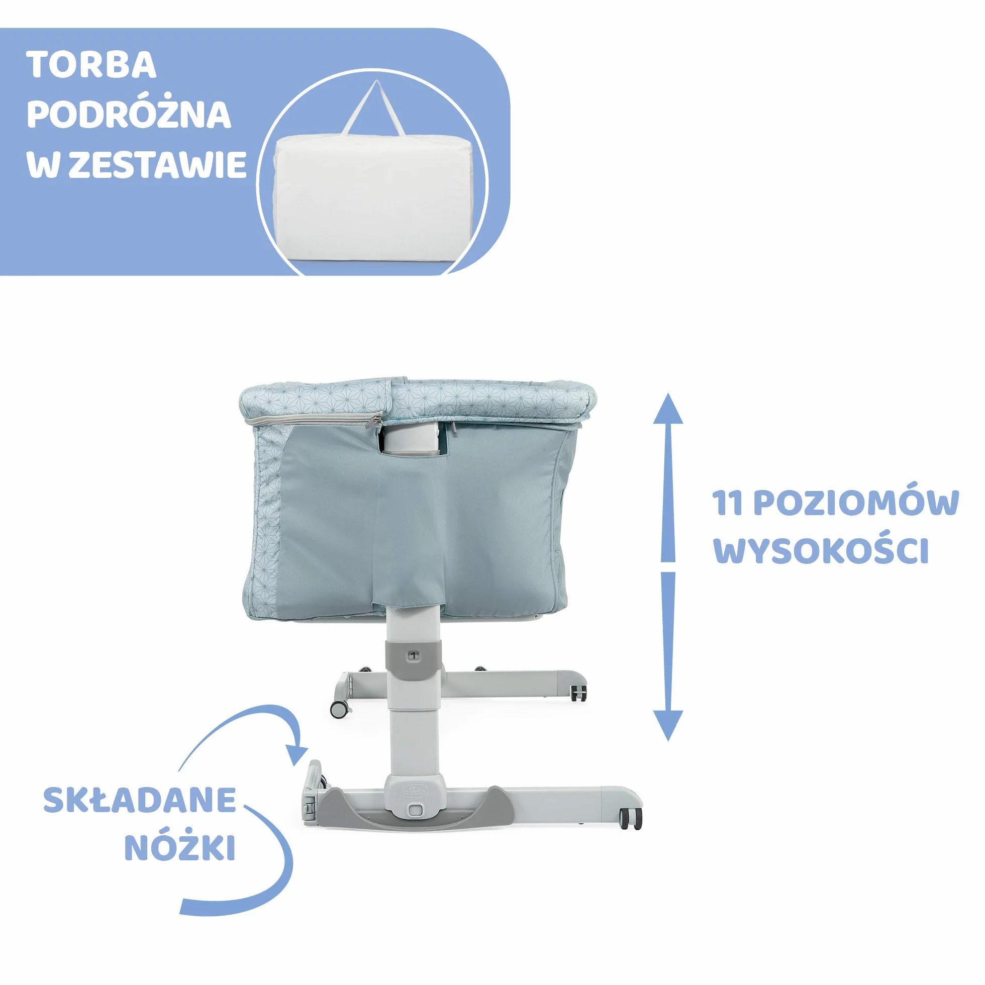 Chicco Next2Me Dream, Łóżeczko dziecięce boczne, łóżeczko do wspólnego spania, otwierany tył, regulowana wysokość, 4 koła i torba podróżna, 0-6 miesięcy, 9 kg, jasnoniebieski