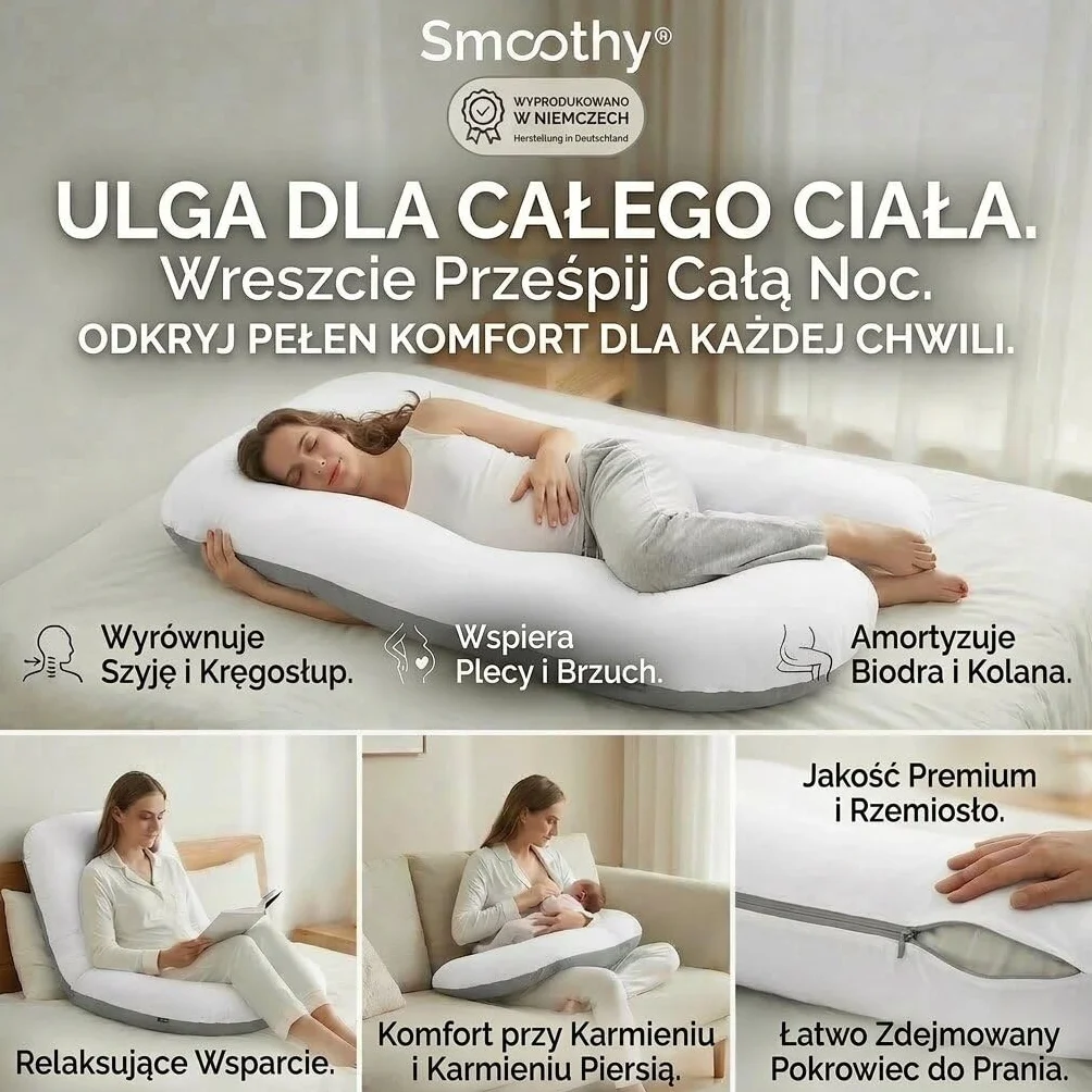 Poduszka ciążowa SMOOTHY XXL w kształcie litery U 150x80 cm, ze zdejmowaną poszewką bawełnianą