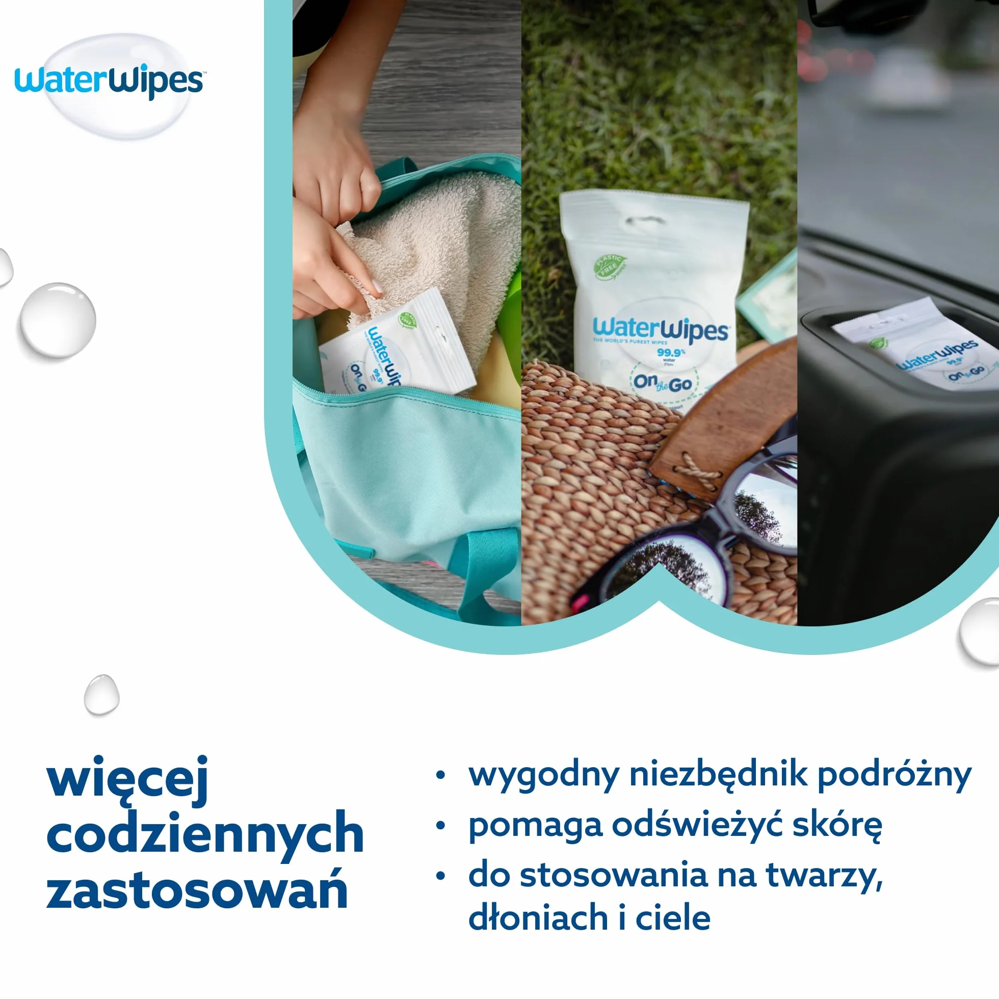 WaterWipes Chusteczki na Wyjazdy, 224 szt. (8 opak.), 99.9% Wody, Idealne w Podróży, Do Twarzy i Ciała