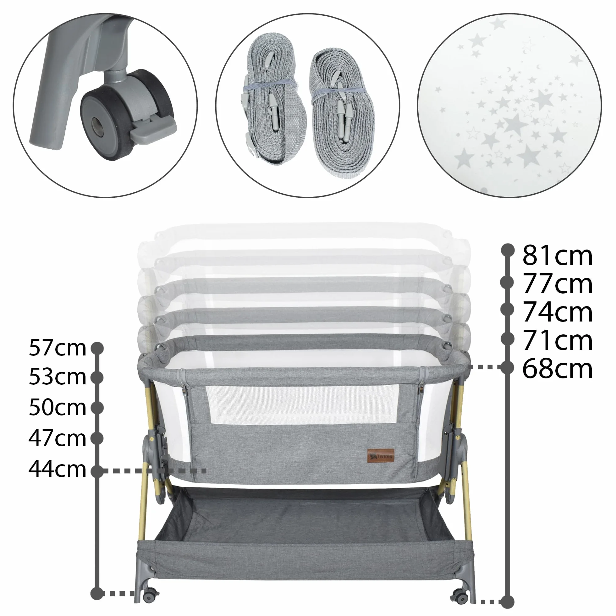 Twinly Comfortly 2 w 1 składane łóżeczko dziecięce z kółkami, regulowana wysokość, materac w zestawie