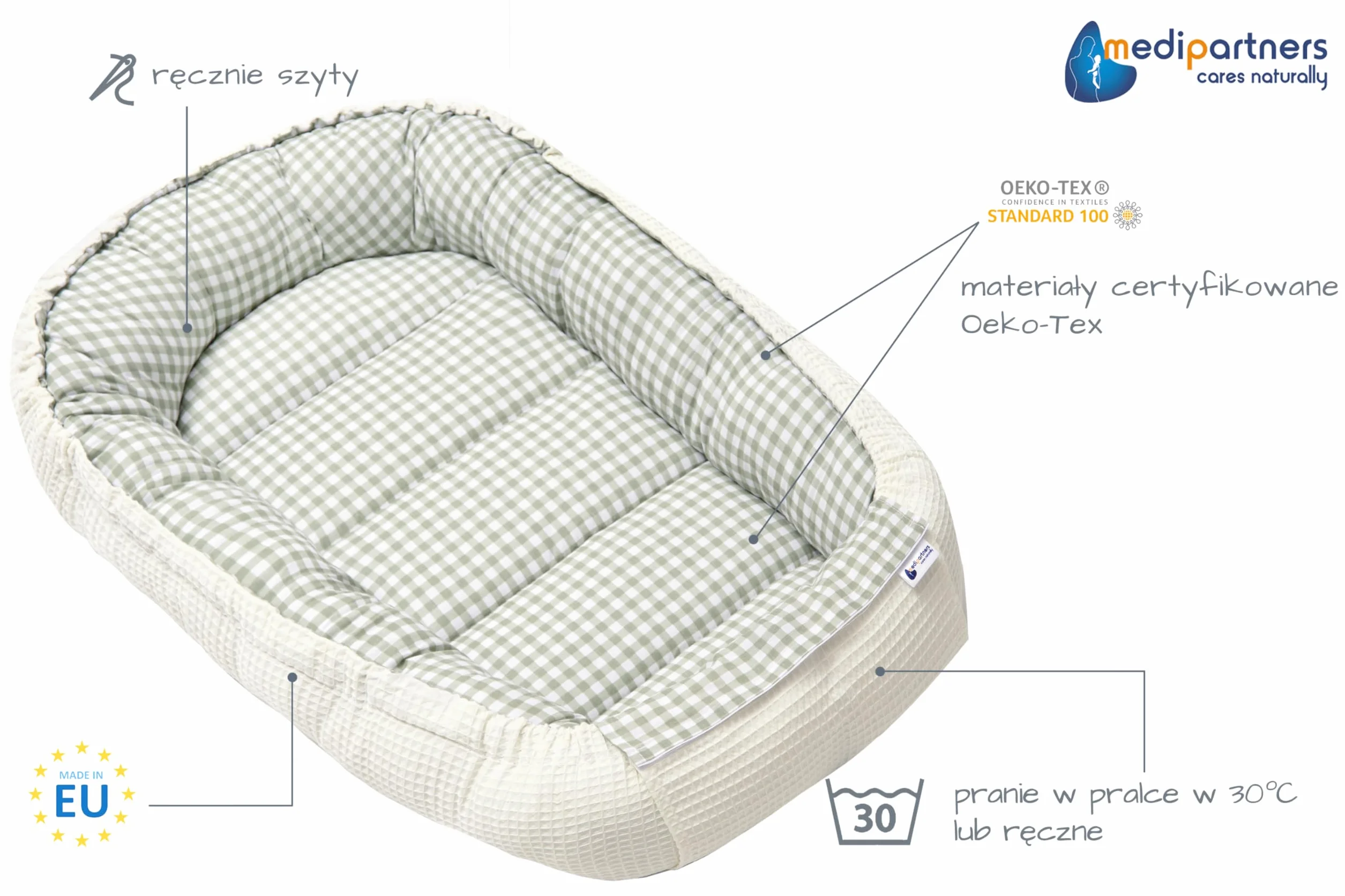 Kokon dla niemowląt 100% Bawełna Wafel 100x60x15cm Antyalergiczne wypełnienie Medi Partners