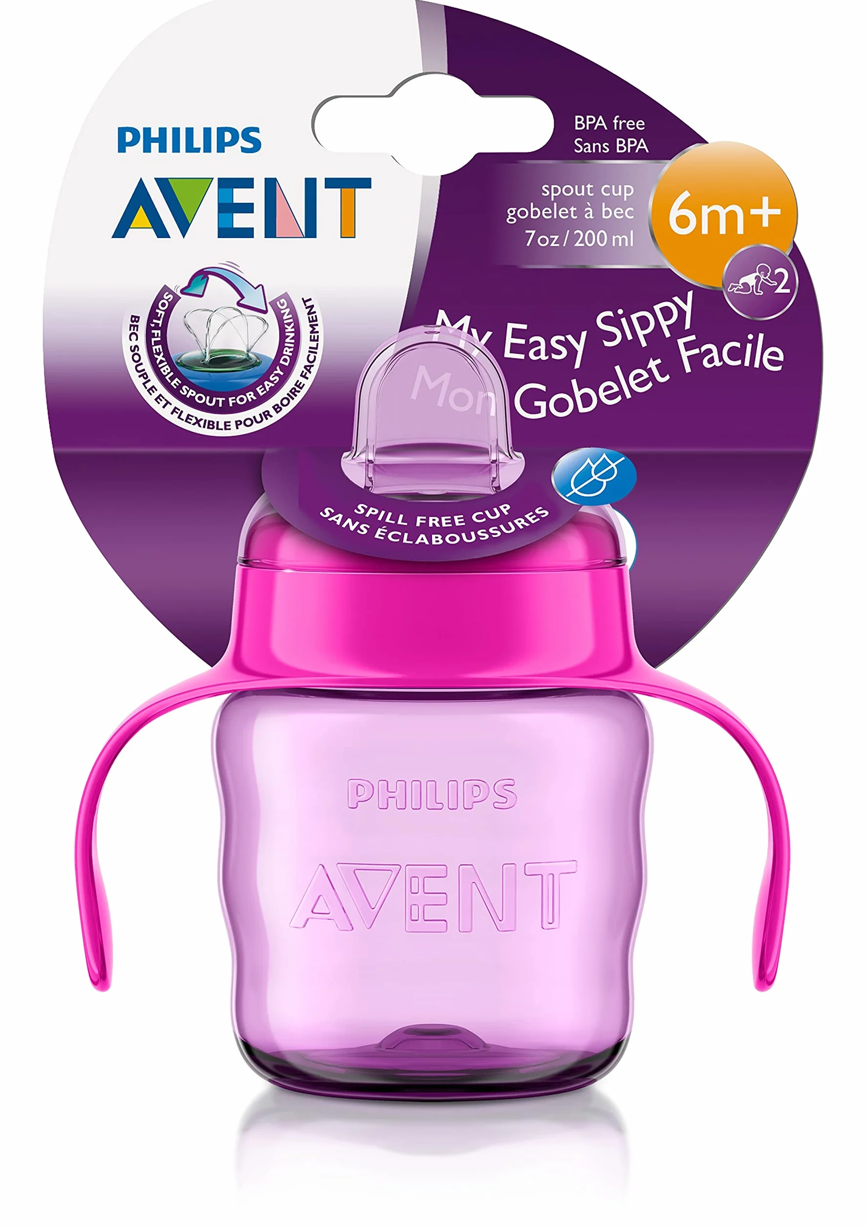 Philips Avent Kubek z wylewką Easy Sip - Miękka wylewka - Łatwa do picia - Nadaje się od 6 m+ - Pomieści 200 ml - Możliwość mycia w zmywarce - Bez BPA - Fioletowy/Różowy - SCF551/03