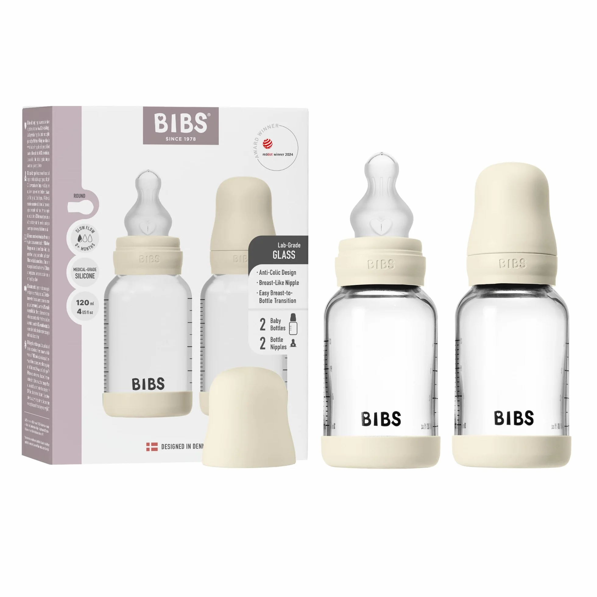 BIBS Baby Glass Bottle. 2-pak. Zapobiega kolce. Okrągły smoczek z Silikon. Wspomaga naturalne karmienie piersią, Complete Set - 120 ml (Pack of 2), Ivory