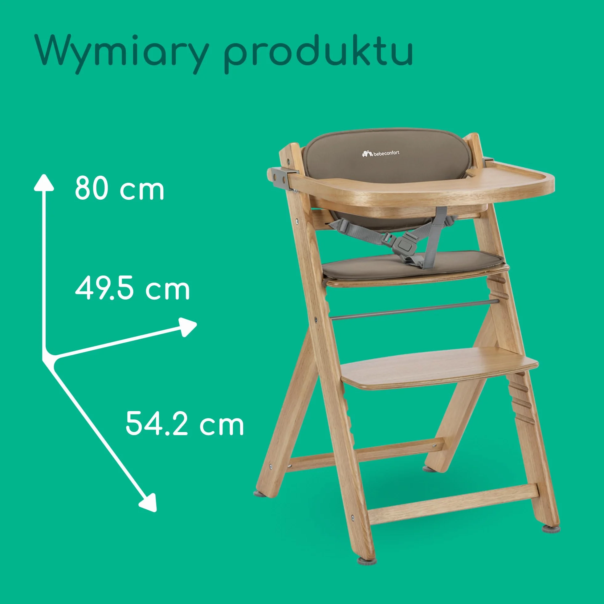 Bebeconfort Timba 2 z Poduszką, Krzesełko Dziecięce Drewniane, 6+ Miesięcy, Do 110 kg, Ergonomiczne Krzesełko do Karmienia, Pasuje do Wielu Stołów, Wyjmowana Taca, Natural Wood + Beige