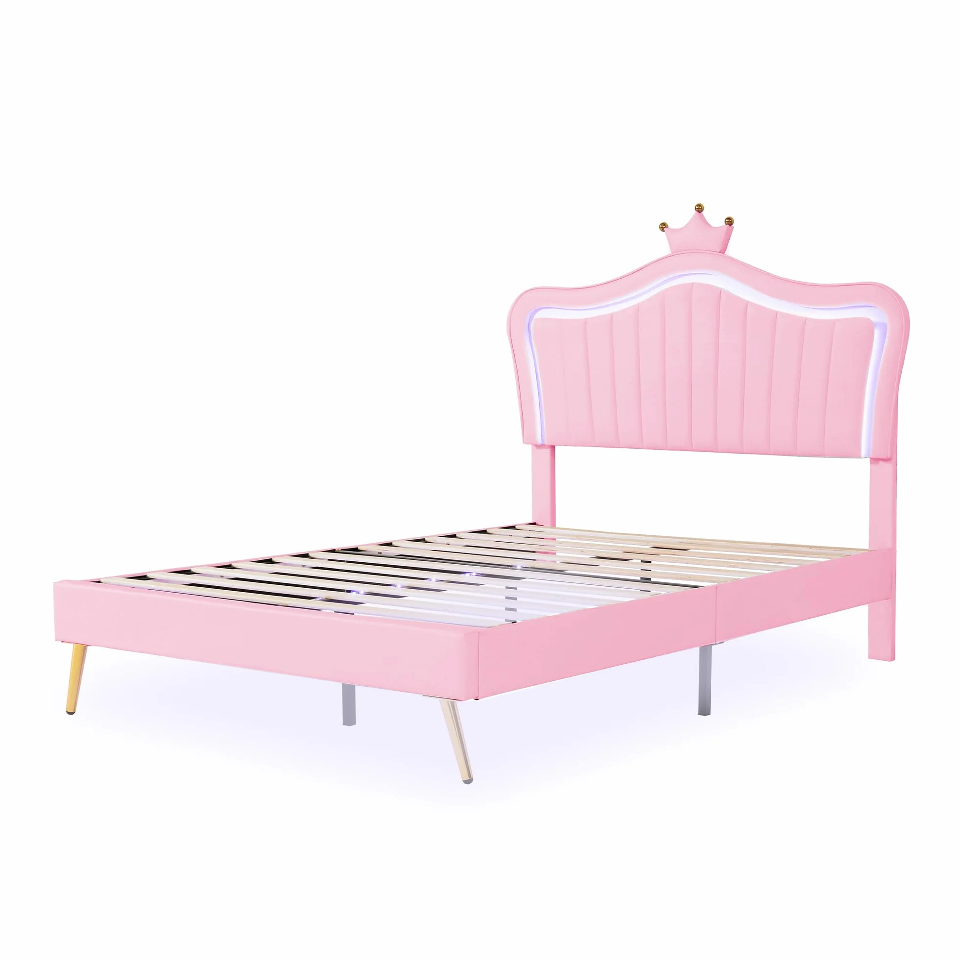 Księżniczka łóżko w kształcie korony 140 x 200 cm, łóżko dziecięce z oświetleniem LED, łóżko tapicerowane dla dziewczynek z oparciem, bez materaca
