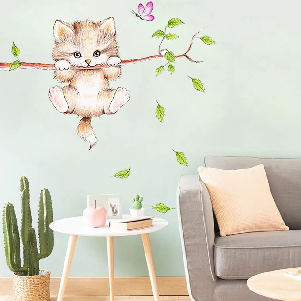 WandSticker4U® - Tatuaż ścienny KOT pokój dziecięcy I Obraz na ścianę: 70x55 cm I Dekoracja ścienna drzewo gałąź słodkie zwierzęta dziecięce I Naklejka ścienna pokój dziecięcy dziewczynka chłopiec