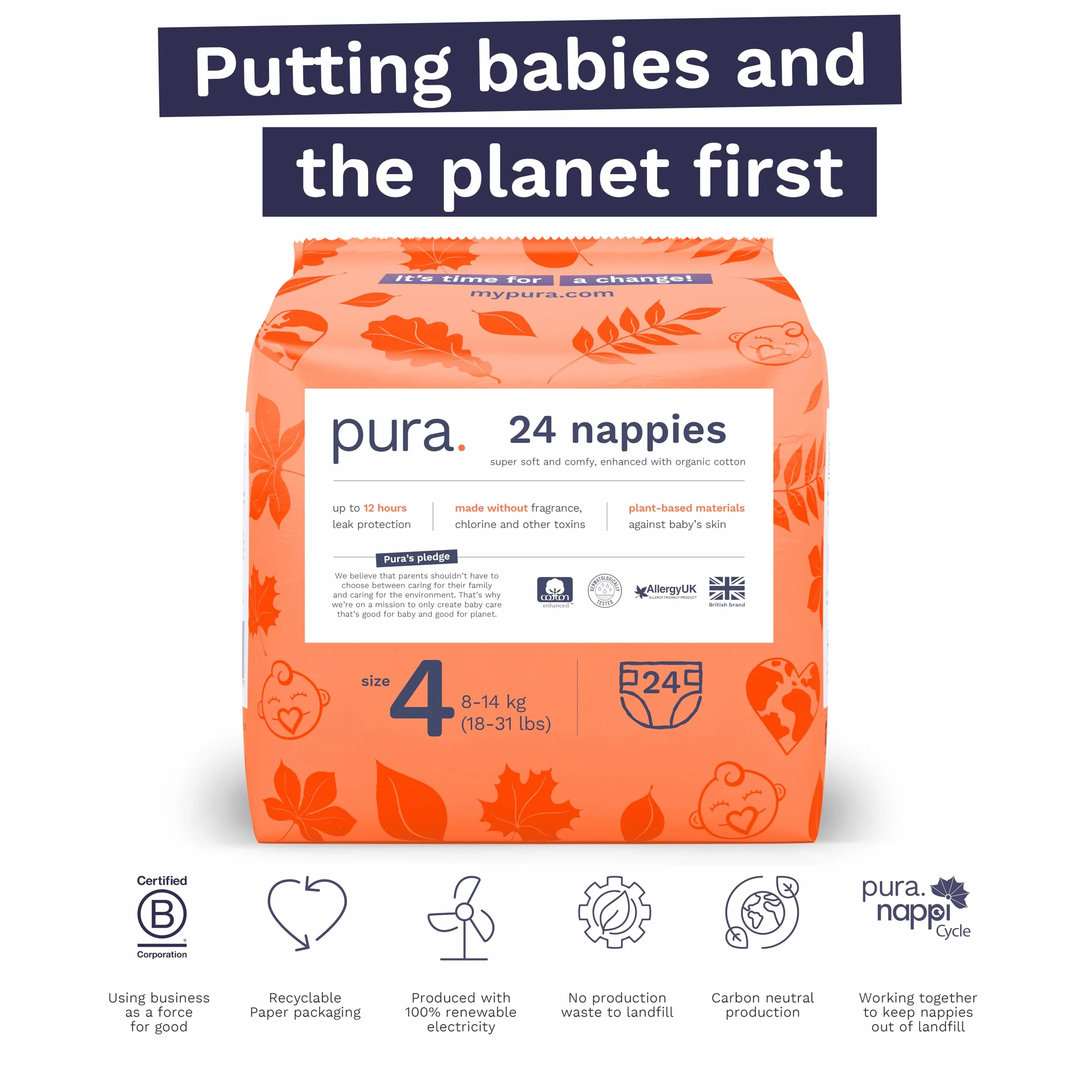 Pura Ekologiczne pieluchy dla niemowląt rozmiar 4 (8-14 kg) 24 sztuki bawełna organiczna ochrona przed wyciekiem
