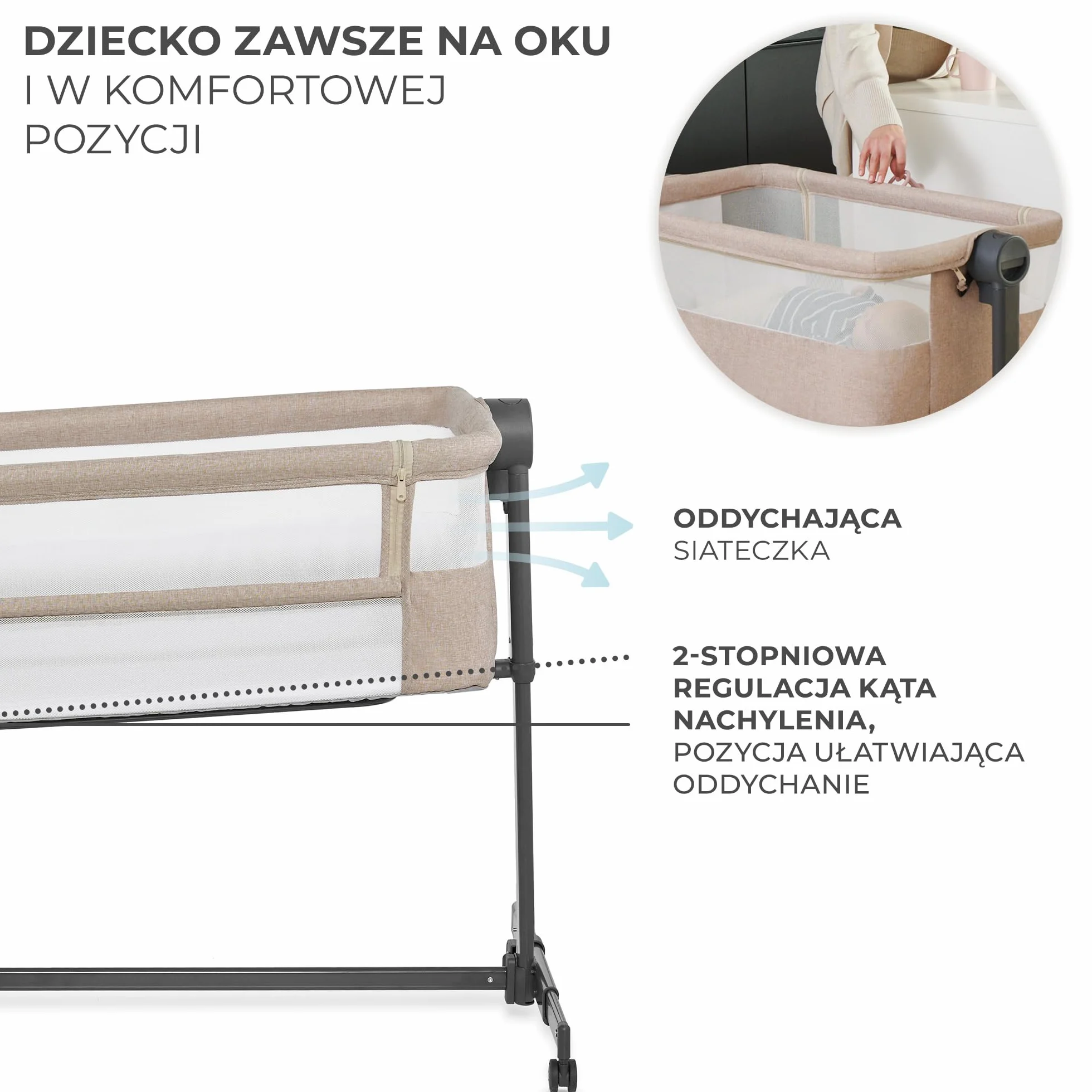 Kinderkraft NESTE UP2 Łóżeczko dostawne dziecięce, regulacja wysokości, materac, do 9 kg, Beżowy