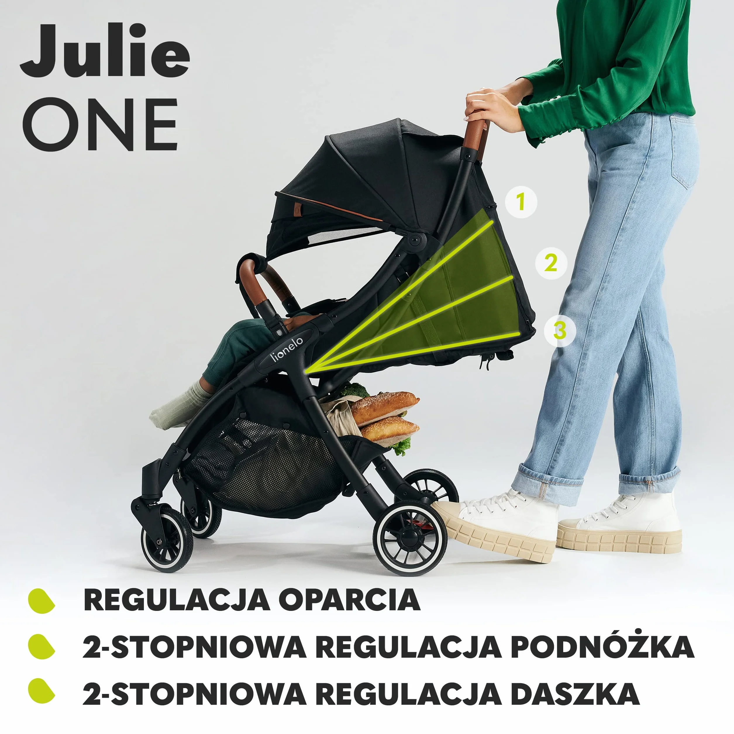 LIONELO Julie One wózek spacerowy do 22kg, regulacja oparcia od pozycji siedzącej do leżącej, regulowany podnóżek, ocieplacz na nóżki, moskitiera, torba do transportu