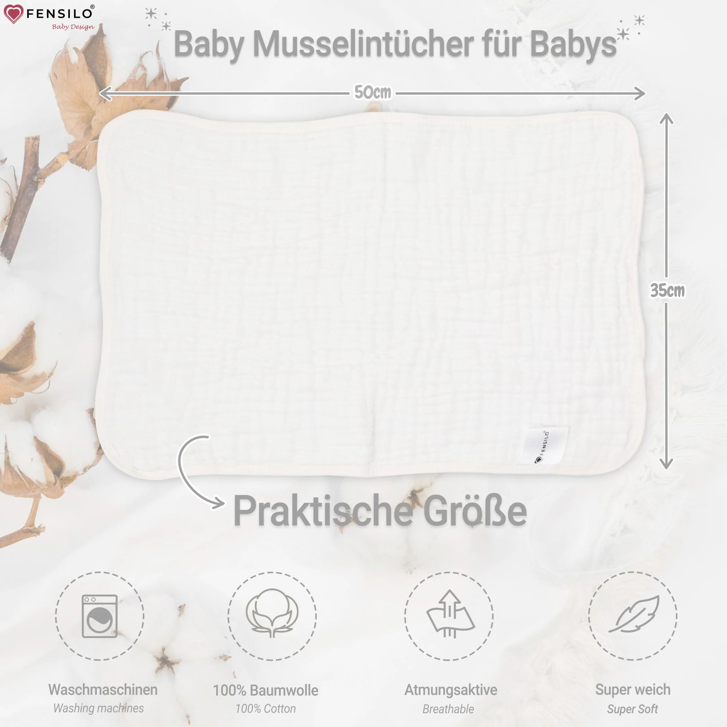 FENSILO Bawełniana chusta szyfonowa dla niemowląt - Zestaw 10-50 x 35 cm - Super miękka i przyjemna - biała