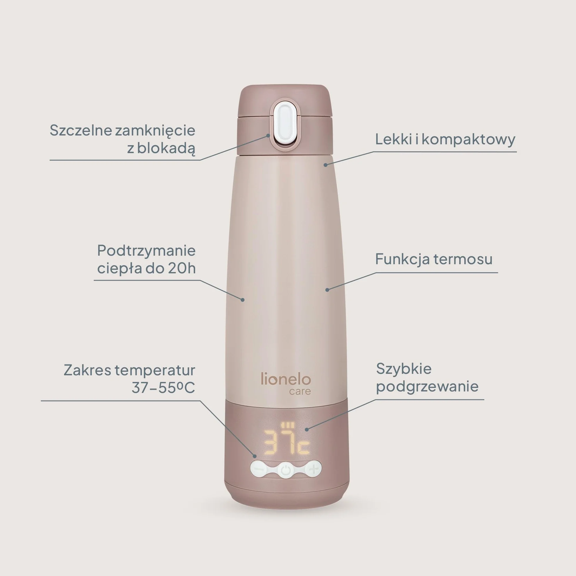 Lionelo Thermup przenośny podgrzewacz do butelek bezprzewodowy stal nierdzewna 37-55°C