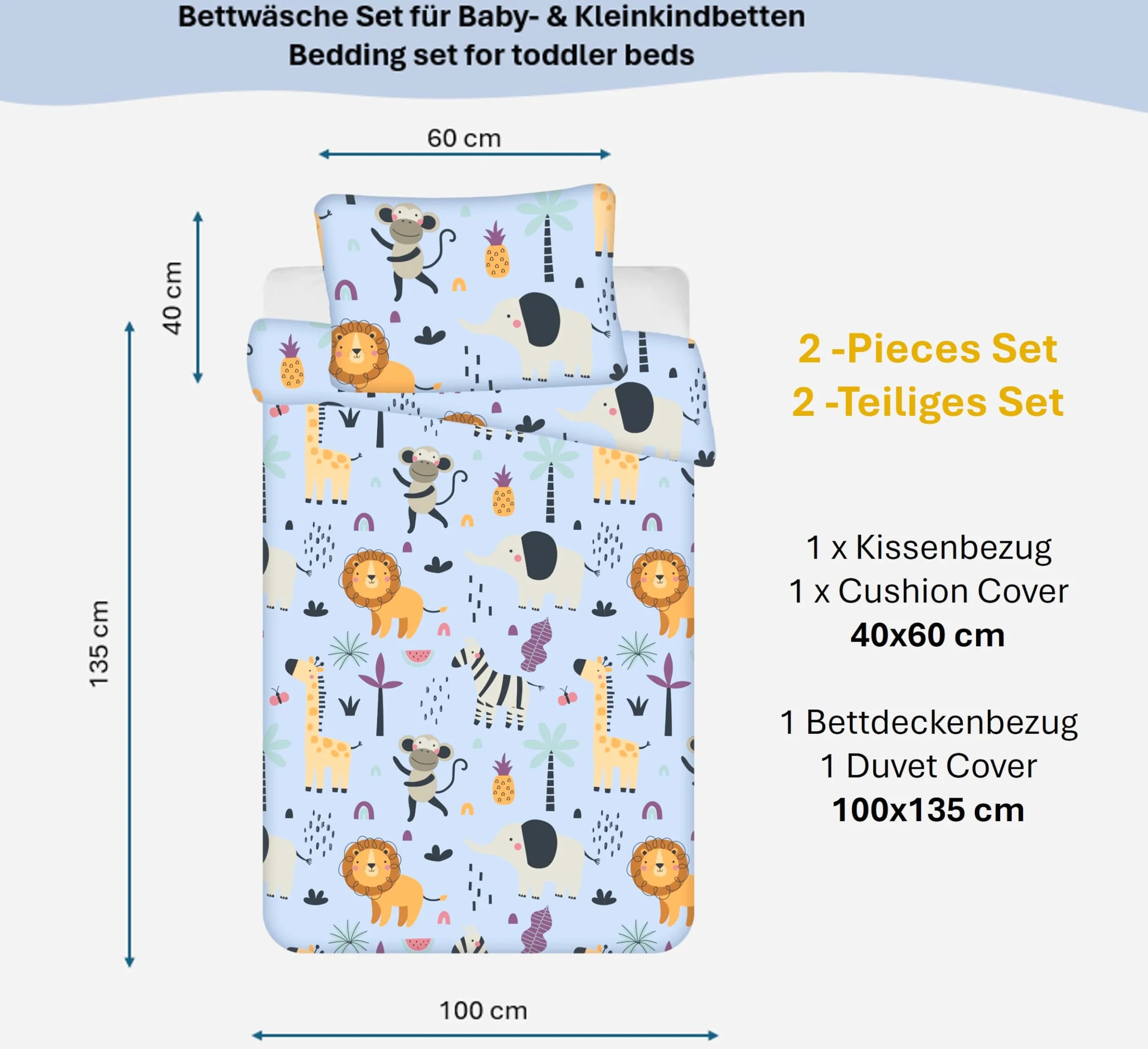 Theonoi Pościel dziecięca dla małych dzieci, komplet pościeli do łóżeczka dziecięcego, poszwa na kołdrę 100 x 135 i poszewka na poduszkę 40 x 60 cm, z bawełny Öko-Tex Standard dla chłopców i