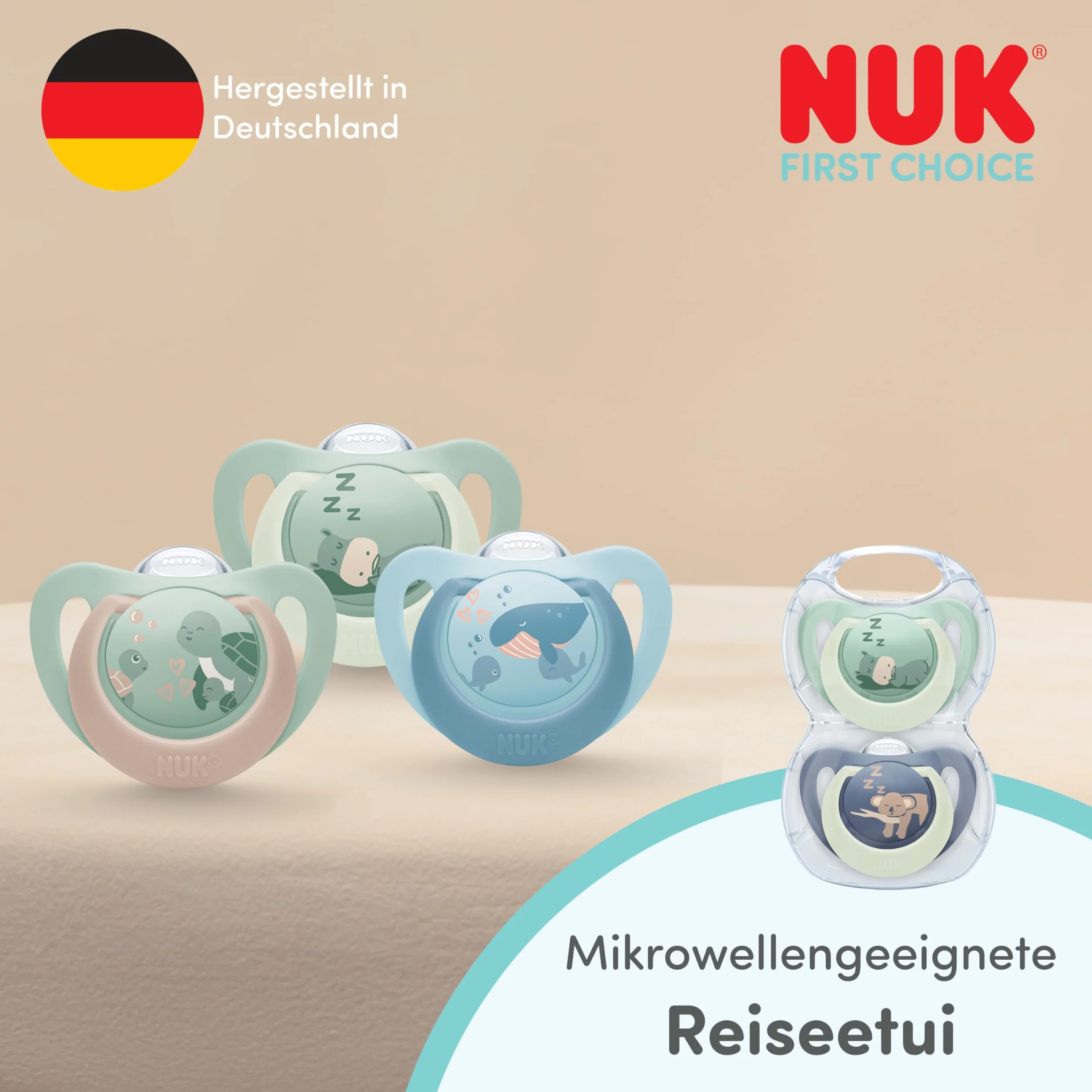 NUK First Choice Smoczki dla niemowląt | 18-36 miesięcy | Ortodontyczne smoczki uspokajające | Uspokajają 99% niemowląt** | Żółw i wieloryb | 2 sztuki