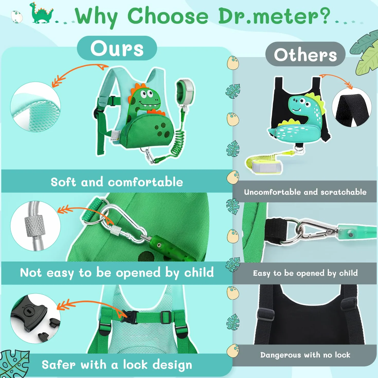 Dr.meter Uprząż 3 w 1 dla malucha, plecak z lejcami 30 cm, dinozaur, pas bezpieczeństwa z kluczykiem