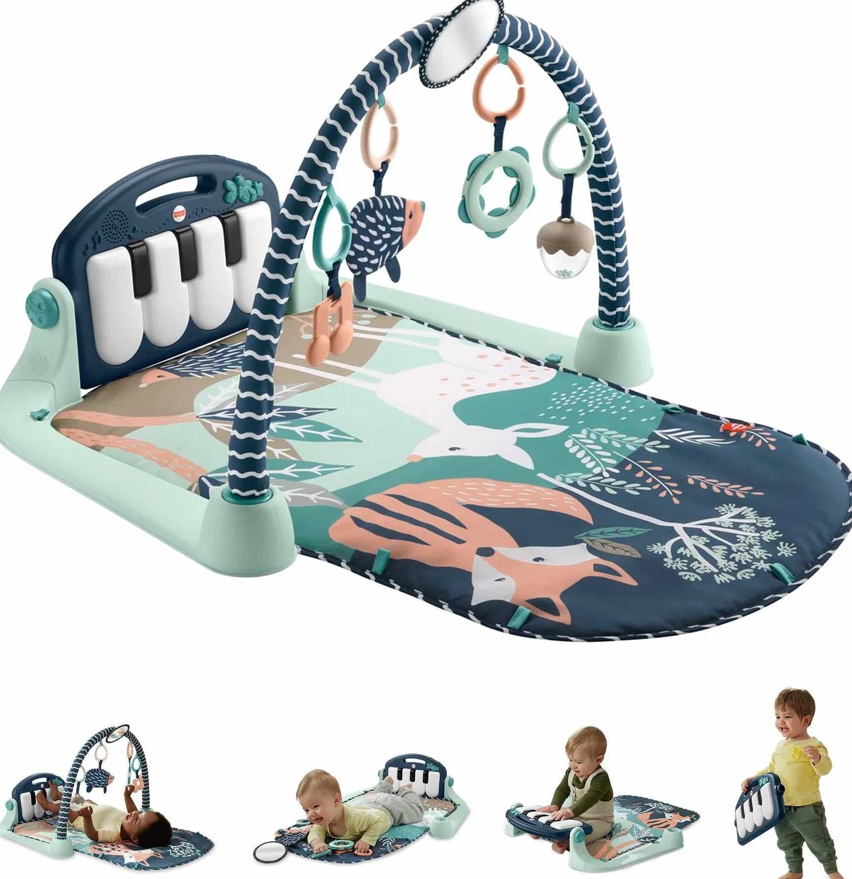 Fisher-Price Mata edukacyjna z pianinkiem, zabawa muzyczna na brzuszku i na siedząco, dla noworodków i niemowlaków, jelonek, jeż, lis HKX37