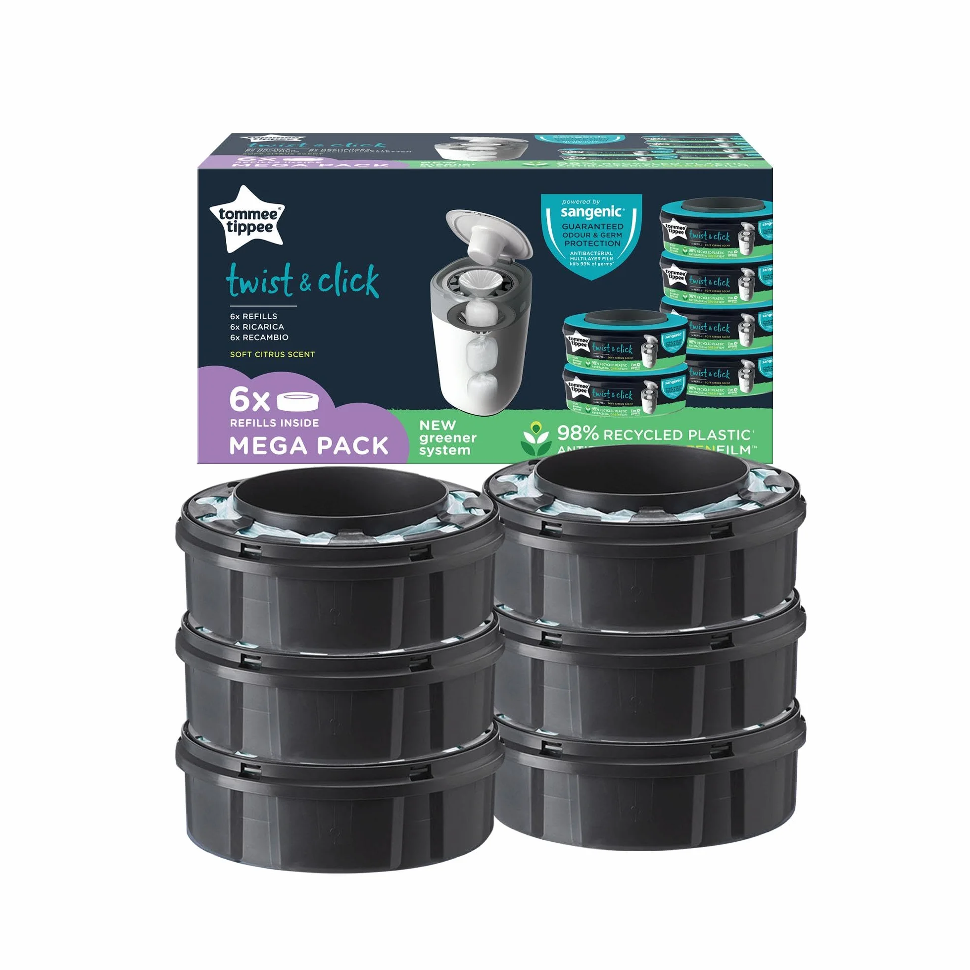 Tommee Tippee Twist and Click Advanced Nappy Disposal Sangenic Tec Refills, Pack of 6 - (Compatible with Sangenic Tec, Twist and Click Bins)