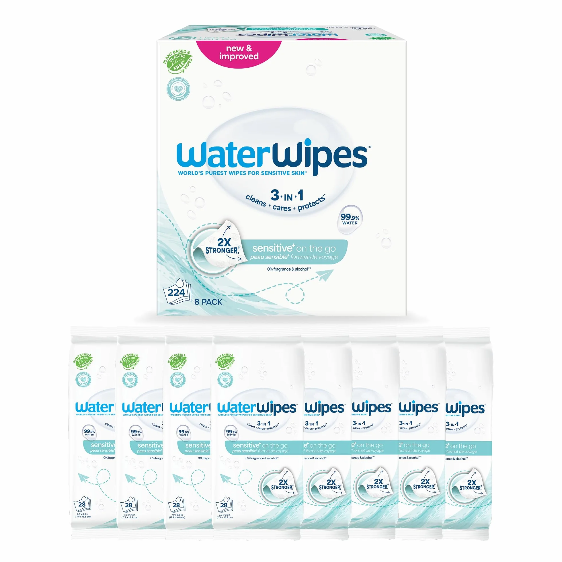 WaterWipes Chusteczki na Wyjazdy, 224 szt. (8 opak.), 99.9% Wody, Idealne w Podróży, Do Twarzy i Ciała