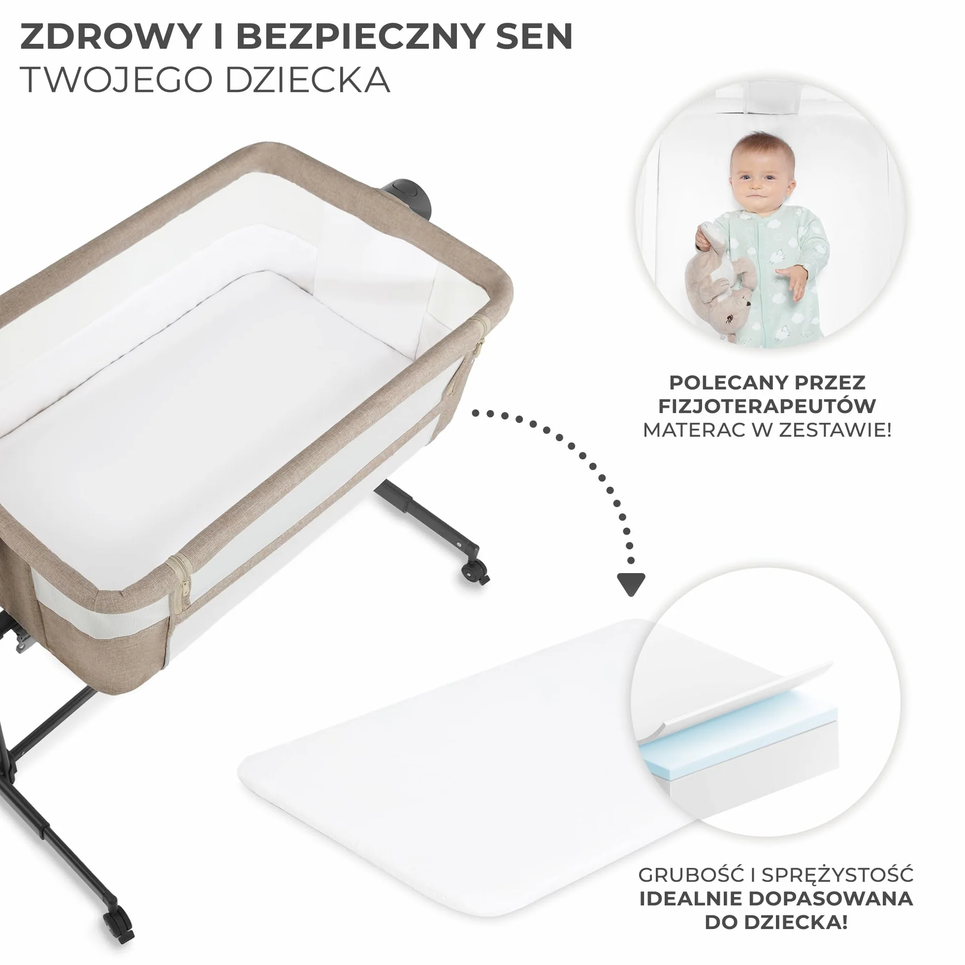 Kinderkraft NESTE UP2 Łóżeczko dostawne dziecięce, regulacja wysokości, materac, do 9 kg, Beżowy