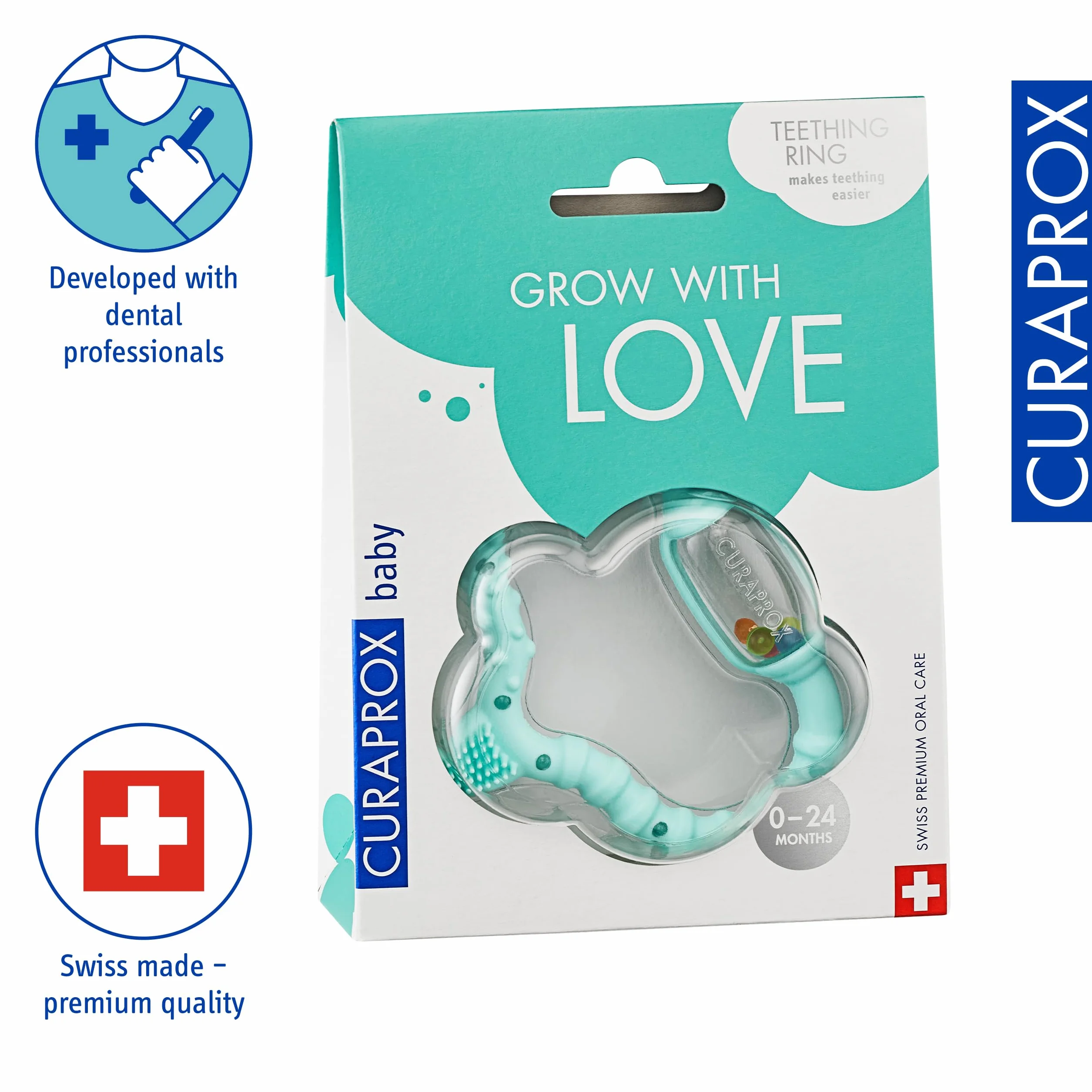 Curaprox Baby ząbkowany Pierścień-Dla Niemowląt 0-24 miesięcy/łagodzi dyskomfort ząbkowania i stymuluje rozwój sensoryczny | bez BPA, turkusowy, ze szczoteczką treningową/Made in Switzerland