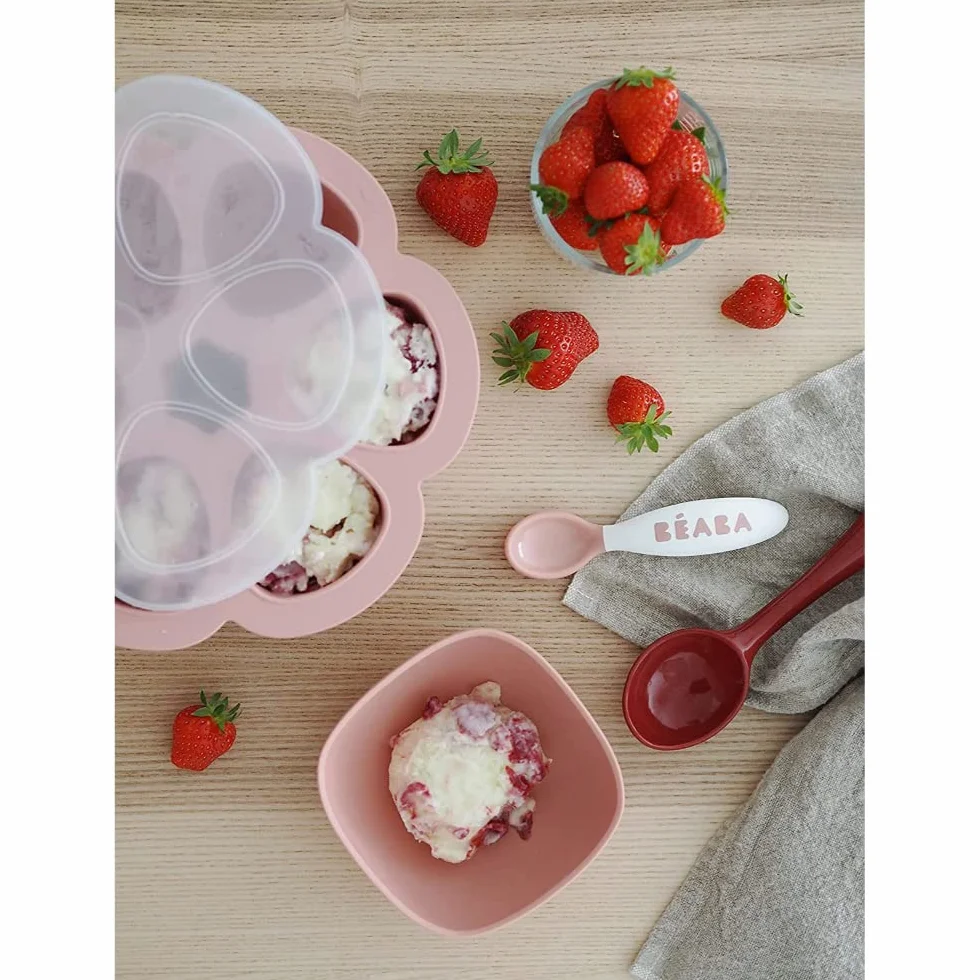 BÉABA - Pojemnik do przechowywania z silikonu w jakości premium – bardzo odporny na temperaturę – piekarnik i kuchenka mikrofalowa – 6 przegródek – hermetyczna pokrywka – 6 x 90 ml – różowy