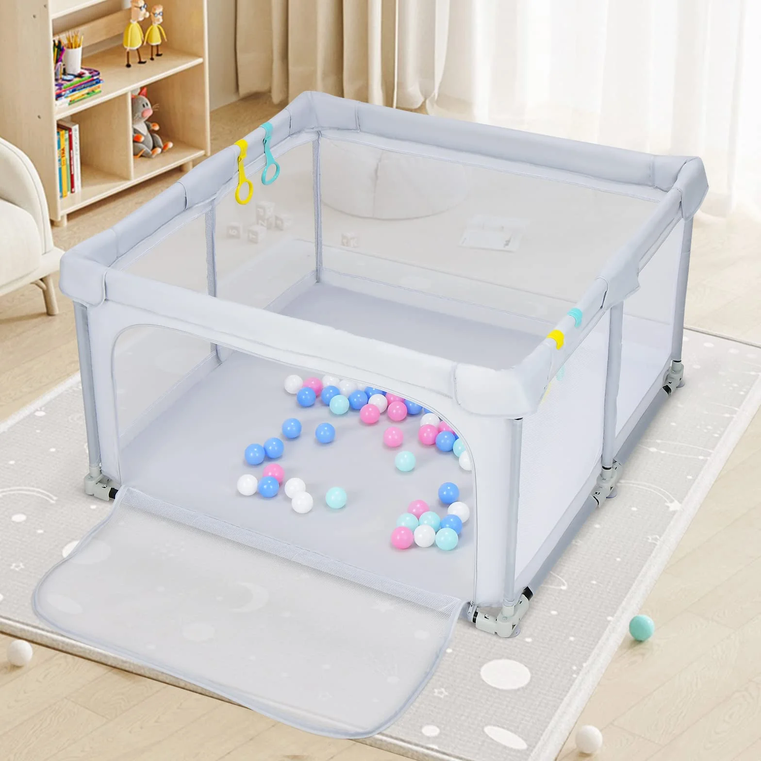 COSTWAY 124 x 124 cm Kojec dla niemowląt składany, przenośny kojec z 50 piłkami, 4 uchwytami, funkcją blokady, kratka do raczkowania z siatkowymi ściankami i drzwiczkami, koc raczkujący dla niemowląt