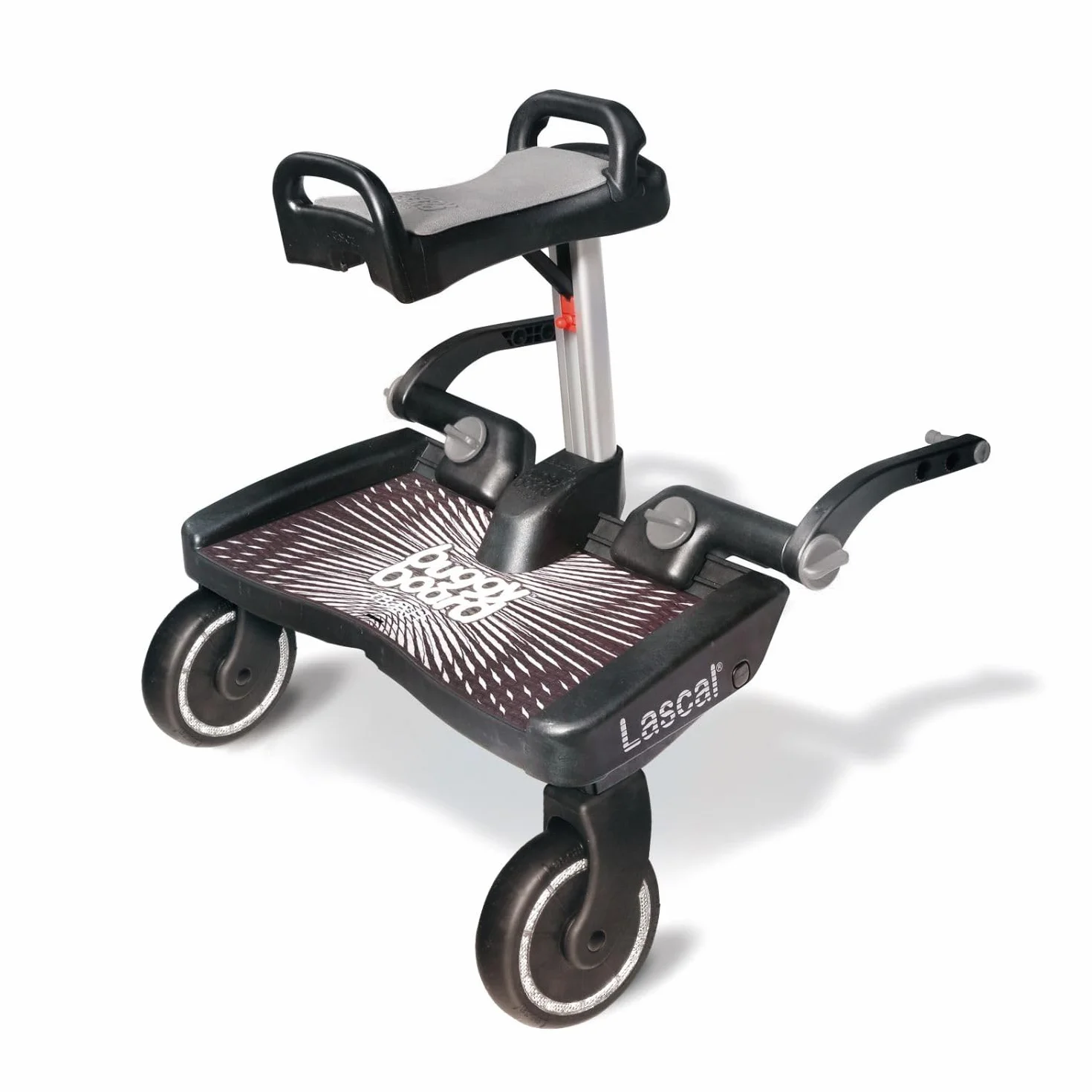 Lascal® BuggyBoard® Maxi+, Czarny Buggy Board z Szarym Siedziskiem Saddle Dostawka do Wózków Spacerowych i Wózków Dziecięcych dla Dzieci w wieku 2-6 Lat (22 kg),